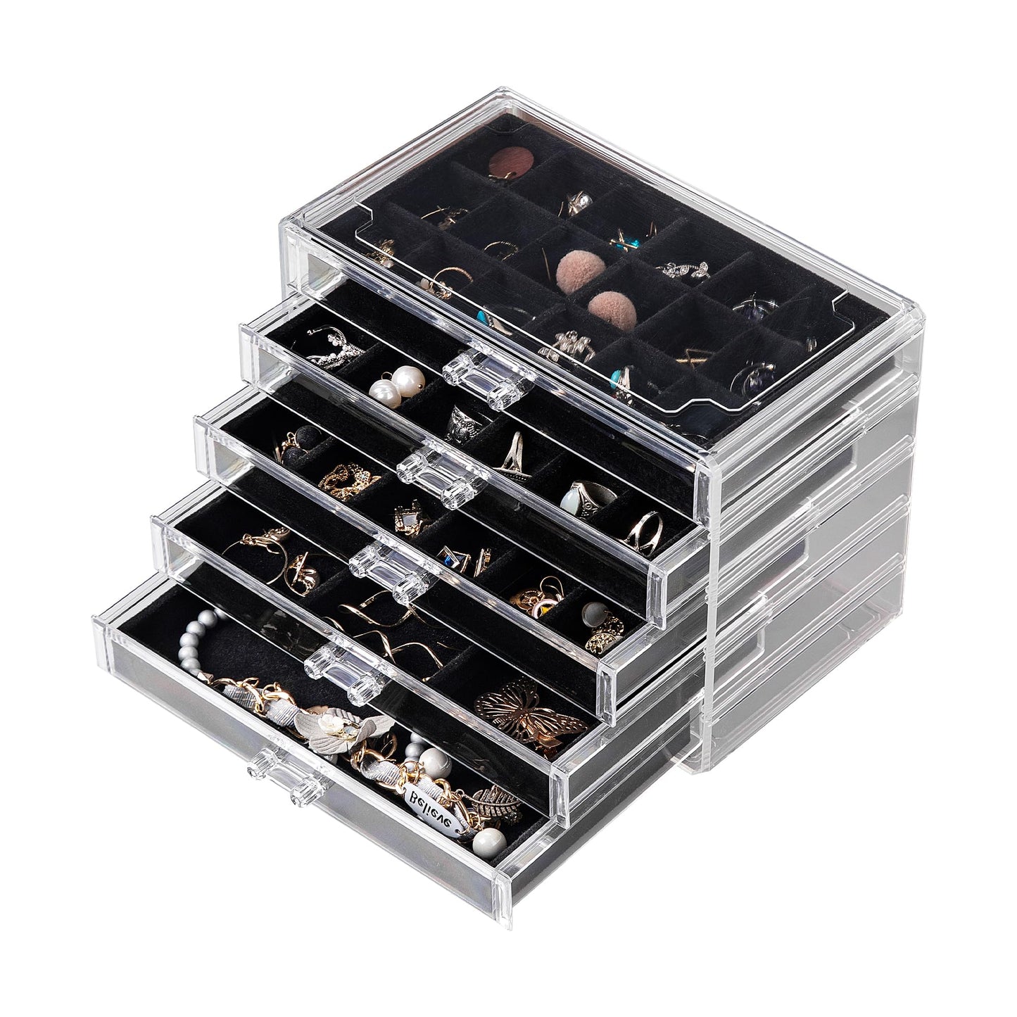 Frebeauty Acrylic Jewelry Organizer Earring Organizer Box with 5 Drawers Earring Holder Organizer with Velvet Trays Clear Jewelry Box for Women Earring Display for Rings Studs(Black)