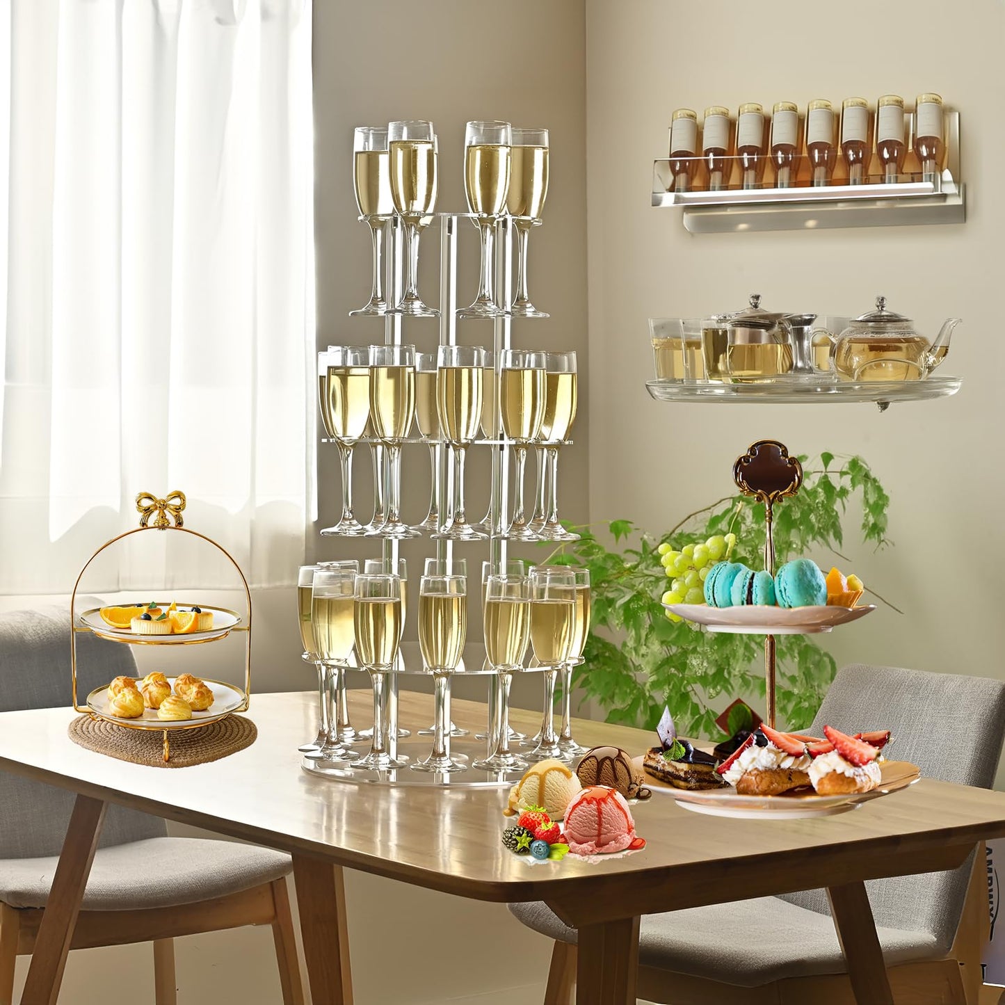 Laumffon Champagne Tower, Circle Acrylic Champagne Display Rack Stand with 28 Slots, 3 Tier Floating Sight Champagne Flute Holder for Party, Wedding, 13.4x13.4x25.5 inch, 2Pcs