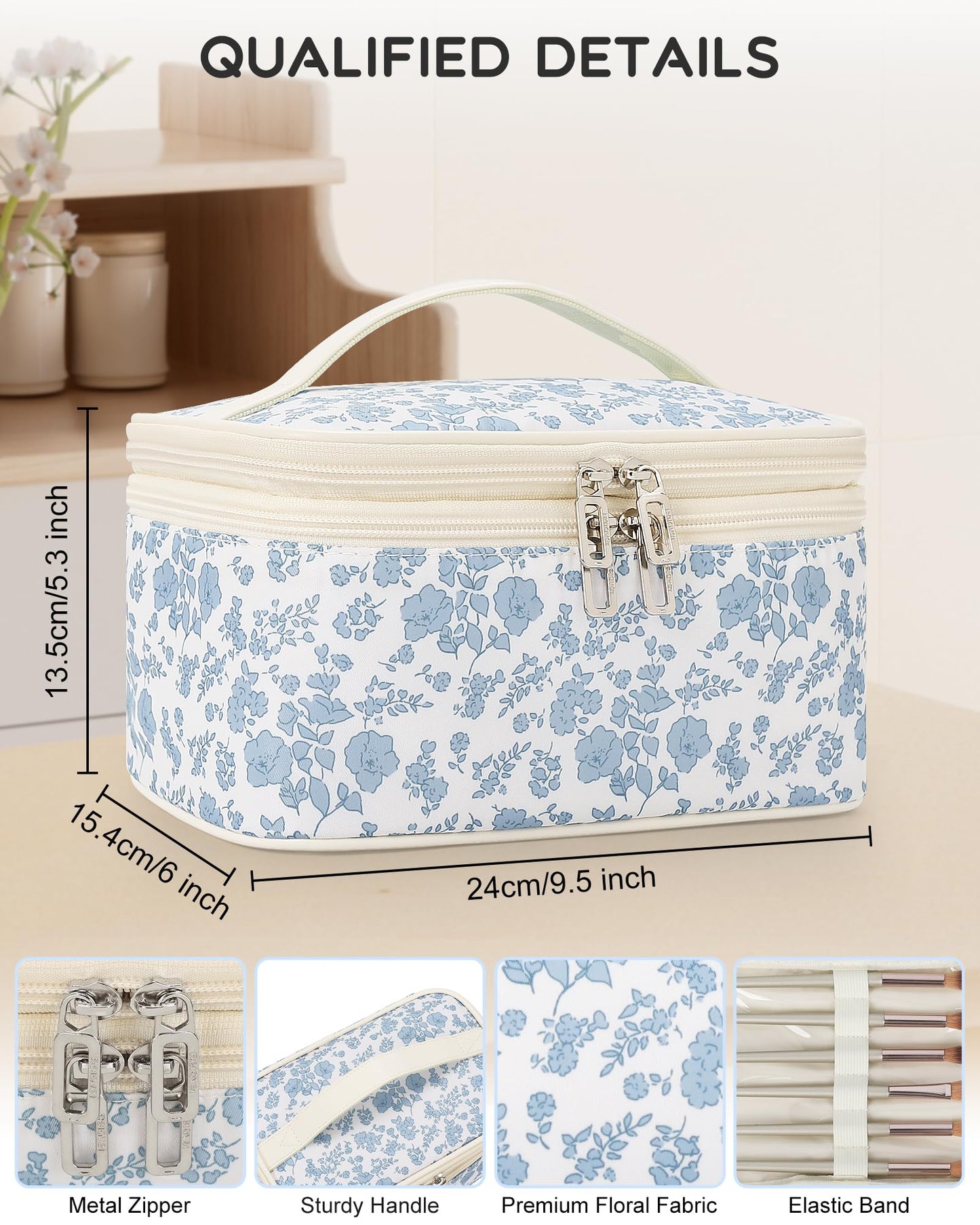 Relavel Travel Makeup Bag, Large Floral Cosmetic Bag with Makeup Brush Compartment, Portable Makeup Pouch for Women, Double Layer Makeup Organizer Bag Cute Toiletry Bag