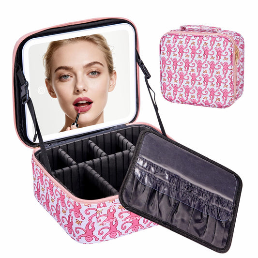 HMPEAIIY Travel Makeup Bag Organizer with LED Mirror, Portable Monkey Cosmetic Train Case with Adjustable Dividers, Brush Storage Board for Women Christmas Thanksgiving Valentine Birthday Gift (Pink)