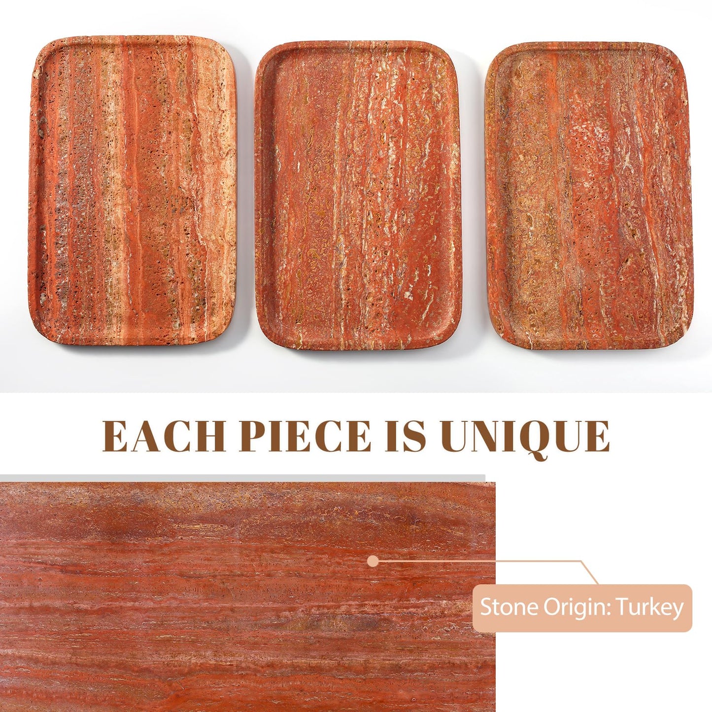 Koville Red Travertine Tray, 12"x8" Natural Stone Vanity Tray for Countertop Bathroom Kitchen Dresser, Decorative Marble Catchall Trays for Perfume Jewelry, Rectangular Serving Tray