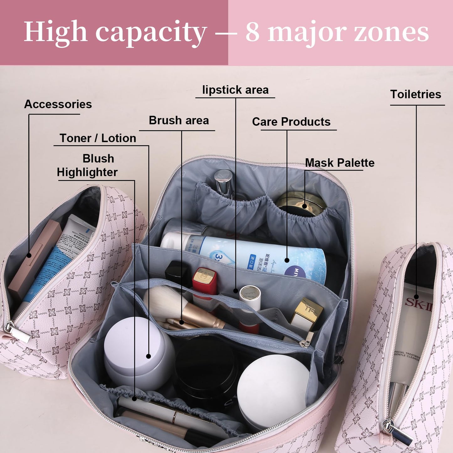 BOYATU Travel Makeup Bag Cosmetic Bags for Women: 3 Pcs Set Large Capacity Make up Bag with Handle - Vegan Leather Toiletry Bags with Compartments - Makeup Organizer for Travel Essentials(A-3-Pink)