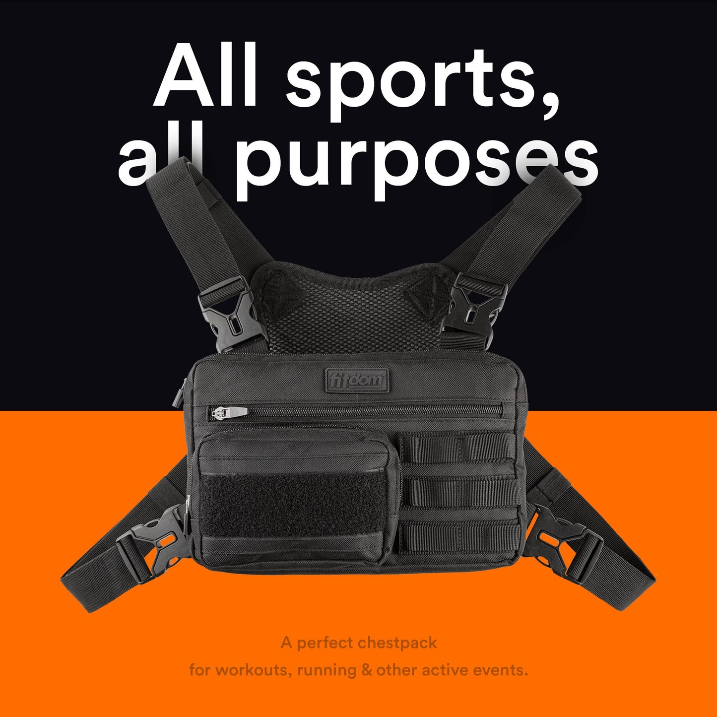 Fitdom Tactical Inspired Lightweight Running Chest Pack For Men With Built-In Phone Holder. A Sports Utility Rig Vest Made For Workouts And Outdoor (Maximum Stability, Blaack)
