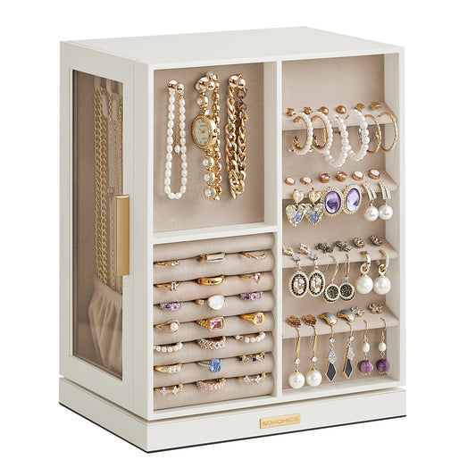 SONGMICS GISELLA Collection - Jewelry Box Organizer 360° Rotating, Vertical Jewelry Storage Case with 5 Drawers, Glass Window, Spacious, Open Design, Great Gift, Cloud White UJBC170W01
