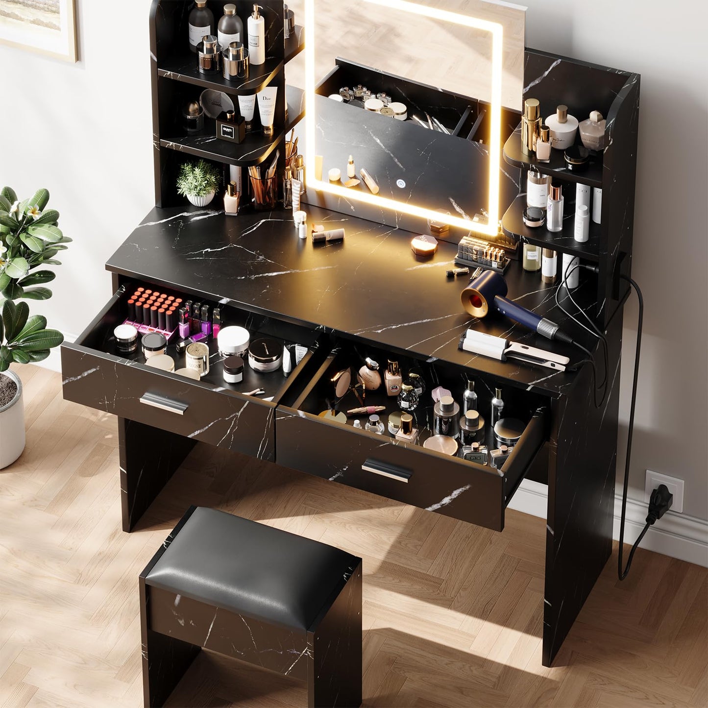 CABIHOME Vanity Desk with Lighted Mirror, Makeup Table with Power Outlet & 2 Storage Drawers, Adjustable Brightness with 3 Color Lighting Modes, Cushioned Stool, Dressing Table, Bedroom, Marble Black