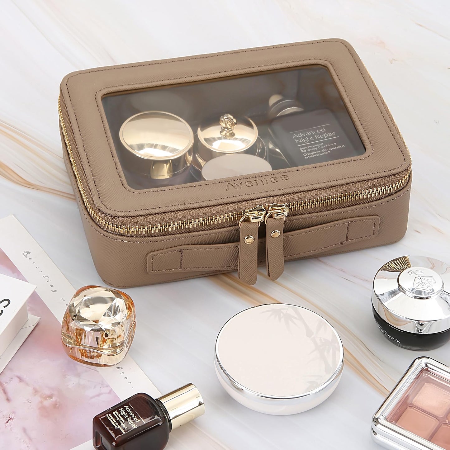 Aveniee Clear Makeup Bag for Women, Small Toiletry Travel Bag with Zipper, Portable Cosmetic Organizer Pouch for Skincare, Car Organizer Storage Bag for Essentials, Taupe,Medium Classic