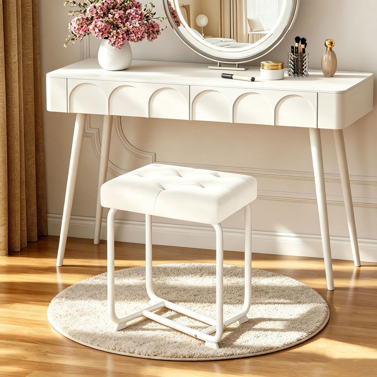 BEWISHOME White Vanity Chair, Leather Vanity Stool, Small Stool Chair for Vanity, Square Ottoman Foot Stool, Makeup Vanity Chairs with Thick Padded Seat for Bathroom, Bedroom, Entryway, KFD01W