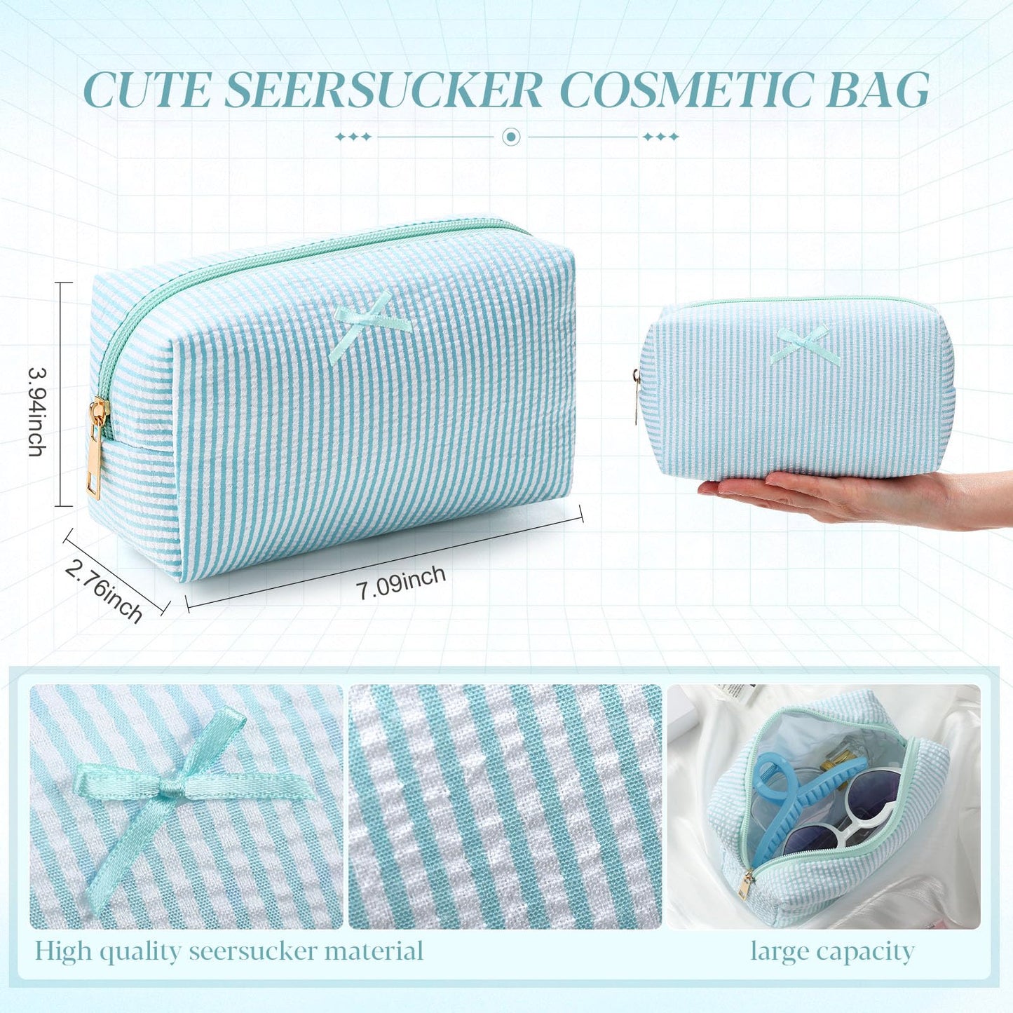 Sanwuta 8 Pcs Cozy Seersucker Cosmetic Bag Blue Stripe Makeup Bag Aesthetic Travel Zipper Cosmetic Pouch Large Cute Preppy Pouch for Spa Sleepover Birthday Party Galentines Day Bridesmaid Gift