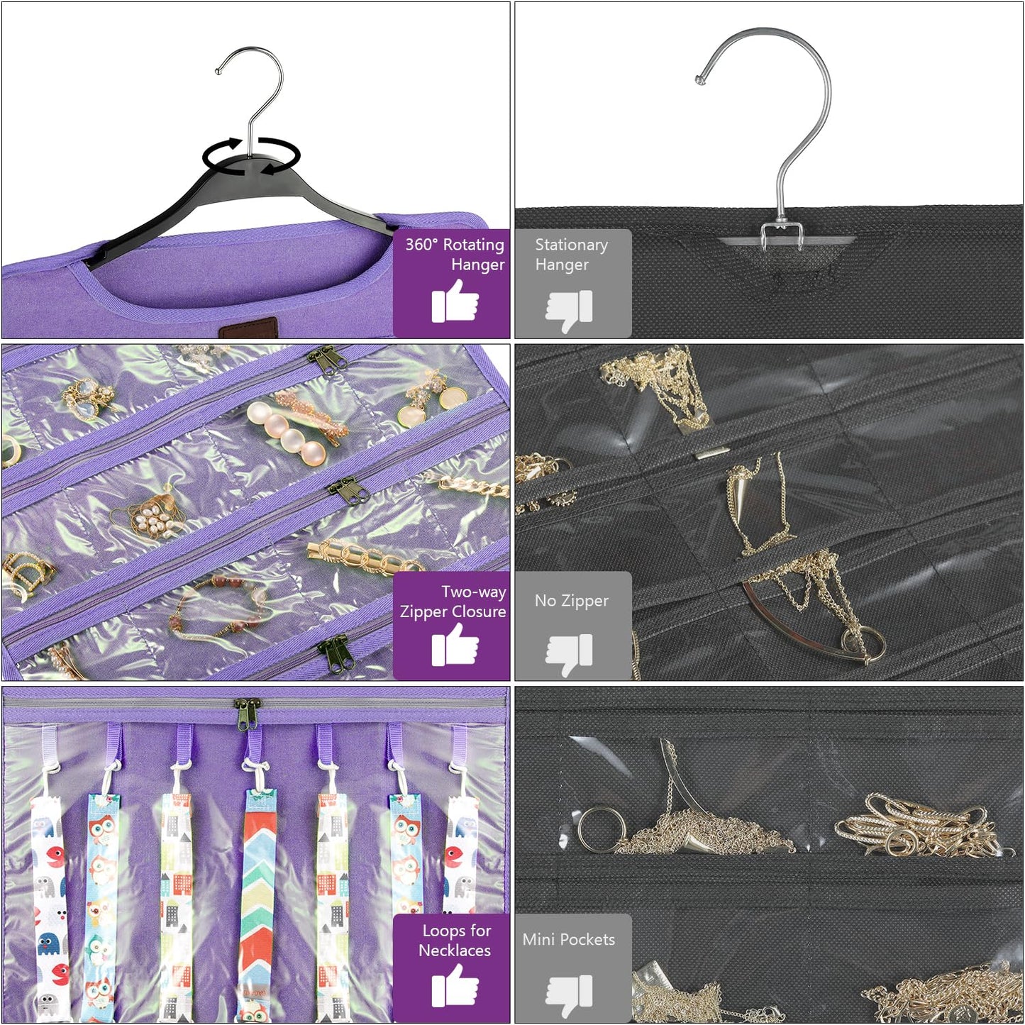 SMRITI Hanging Jewelry Organizer with Dual Zippered Pockets Canvas Double Sided Rotating Hanger Necklace Hanging Wall Organizer Earring Dustproof Holder Wall Mount Accessories Display Bag(Purple)