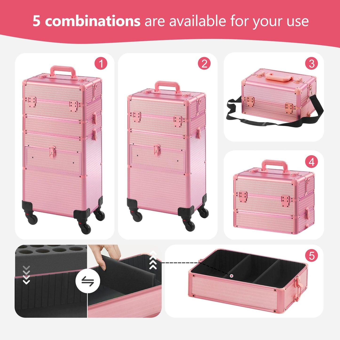 Somduy Rolling Makeup Case with Drawer, Makeup Train Case, 4 in 1Cosmetology Case on Wheels, Christmas Gift, Large Makeup Case Organizers, Profesional Cosmetic Case for Salon Barber, Light pink