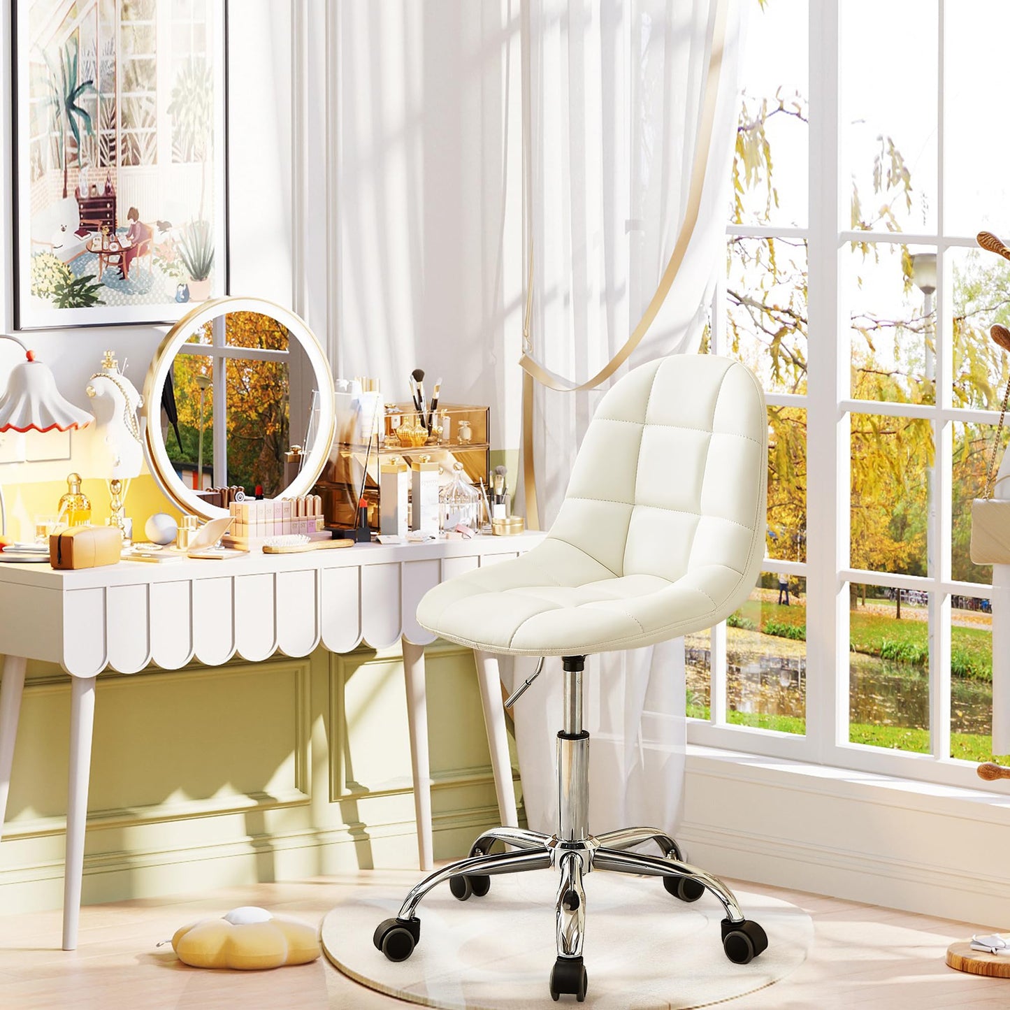 VECELO Stylish Height Adjustable Faux Leather Vanity Chair, Modern Swivel Makeup Chair with Rolling Wheels, Comfortable Padded Task Chair for Bedroom, Dressing Room & Home Office – White