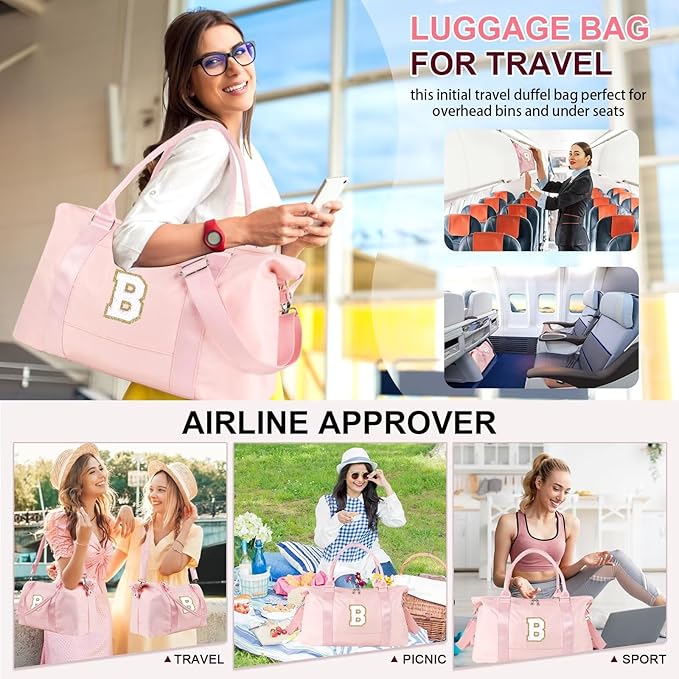 Dance Gym Duffel Bag for Teen Girls, Personalized Initial Travel Weekender Bag,Cute Overnight Carry On Duffle for Women,Sports Travel Cheer Bag,Monogram Christmas Gifts for Tween Preppy(pink-B)