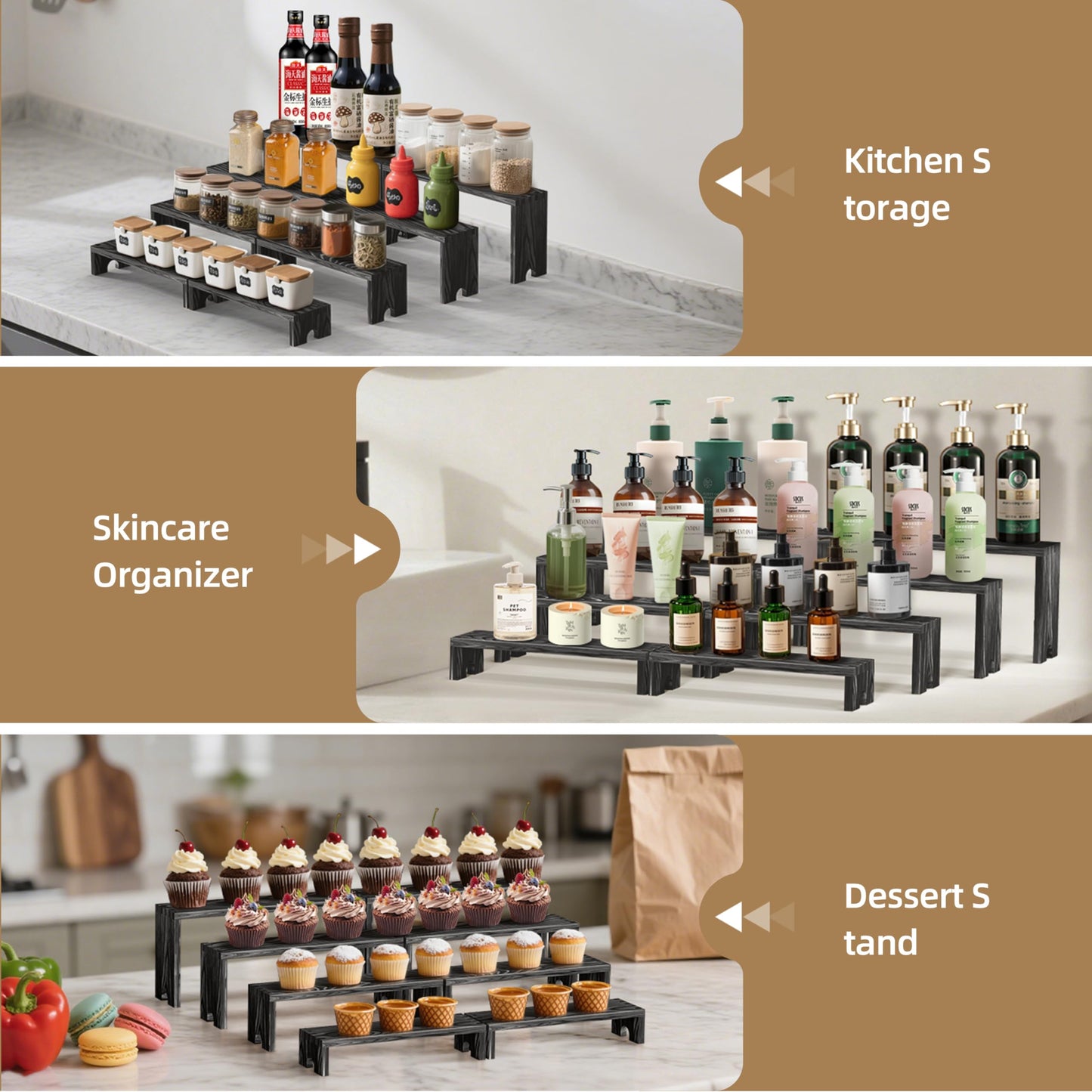 Large 2 Set wood tone Wooden Tiered Display Stands 4 Tier Stackable Pine Wood Display Risers, Suitable for Vendor Events, Cupcake Stands, cake stand Wooden Dessert Table Sets, Vendor Booth Displays,Cosmetic & Perfume Display Tools, Kitchen Spice Storage,