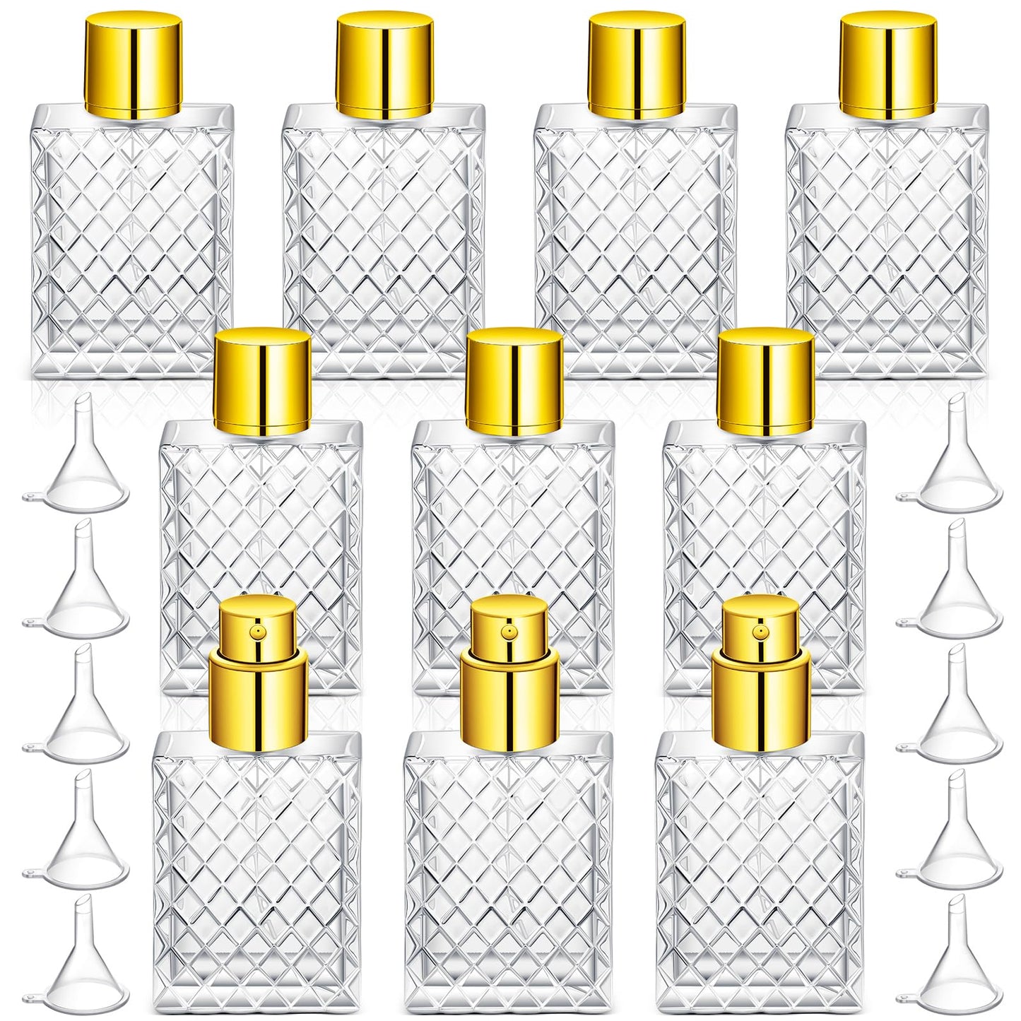 Zhehao 10 Pcs 100ml 3.4 oz Glass Perfume Bottles Refillable Fine Mist Atomizer Spray Bottle with 10 Funnel Filler Empty Portable Perfume Atomizer Clear Essential Oil Container with Sprayer (Gold)