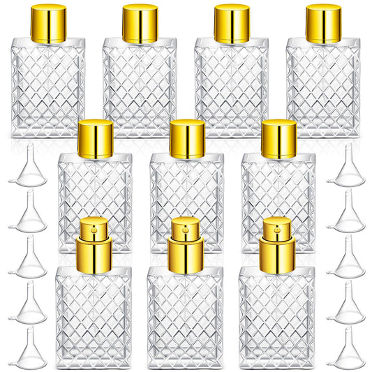 Zhehao 10 Pcs 100ml 3.4 oz Glass Perfume Bottles Refillable Fine Mist Atomizer Spray Bottle with 10 Funnel Filler Empty Portable Perfume Atomizer Clear Essential Oil Container with Sprayer (Gold)