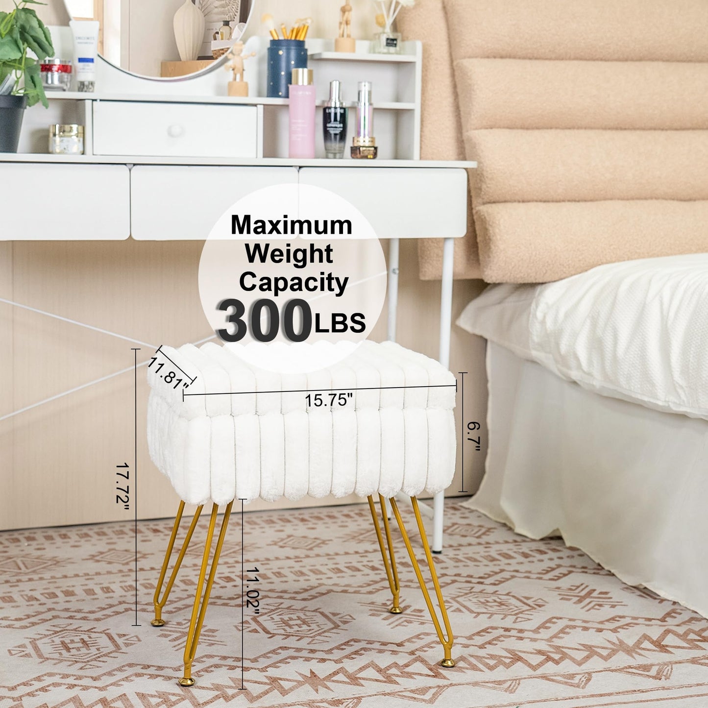 xuperbonus Faux Fur White Vanity Stool Chair with Storage Ottoman, Vanity Chair for Makeup Room, Vanity Stools for Bedroom, Footrest with Metal Legs and as a Coffee Table, White