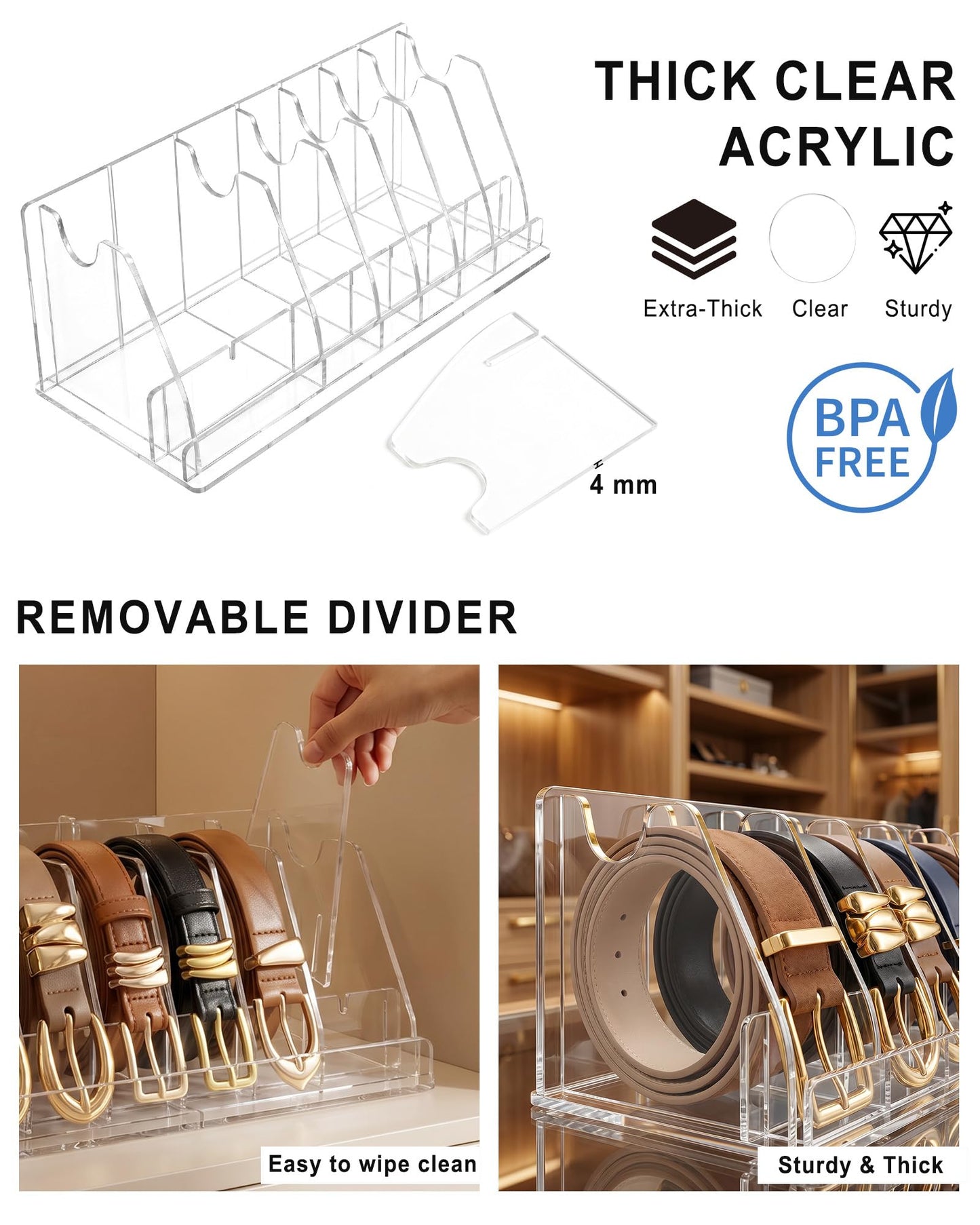 Acrylic Belt Organizer - Clear Belt Storage Holder for Closet with Removable Dividers - 7 Compartments and Display Stand