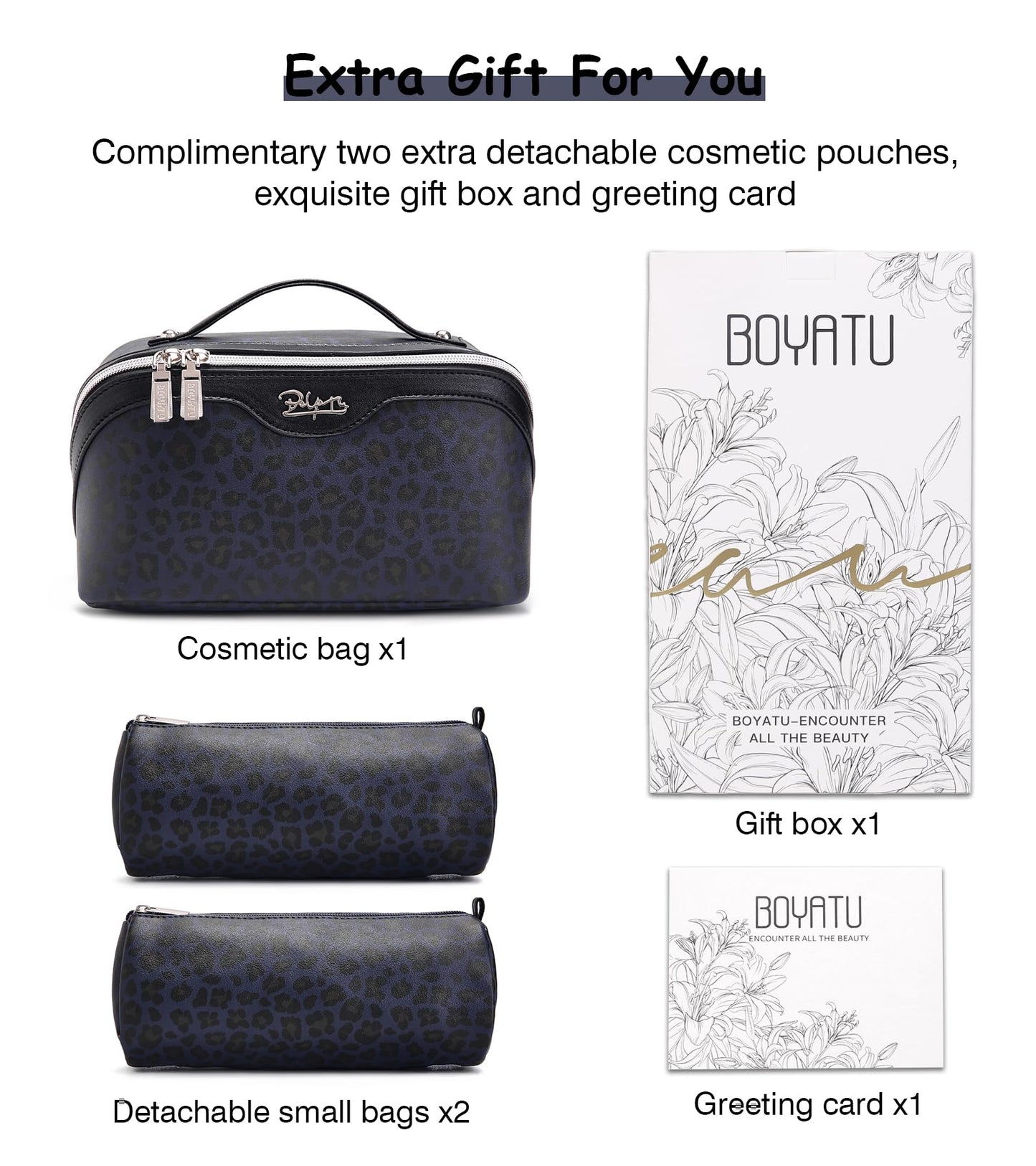 BOYATU Travel Makeup Bags Cosmetic Organizer Bag: 3 Pcs Set Large Capacity Make up Bag with Compartments - Waterproof Leather Toiletry Bags with Handle for Women (B-Blue)
