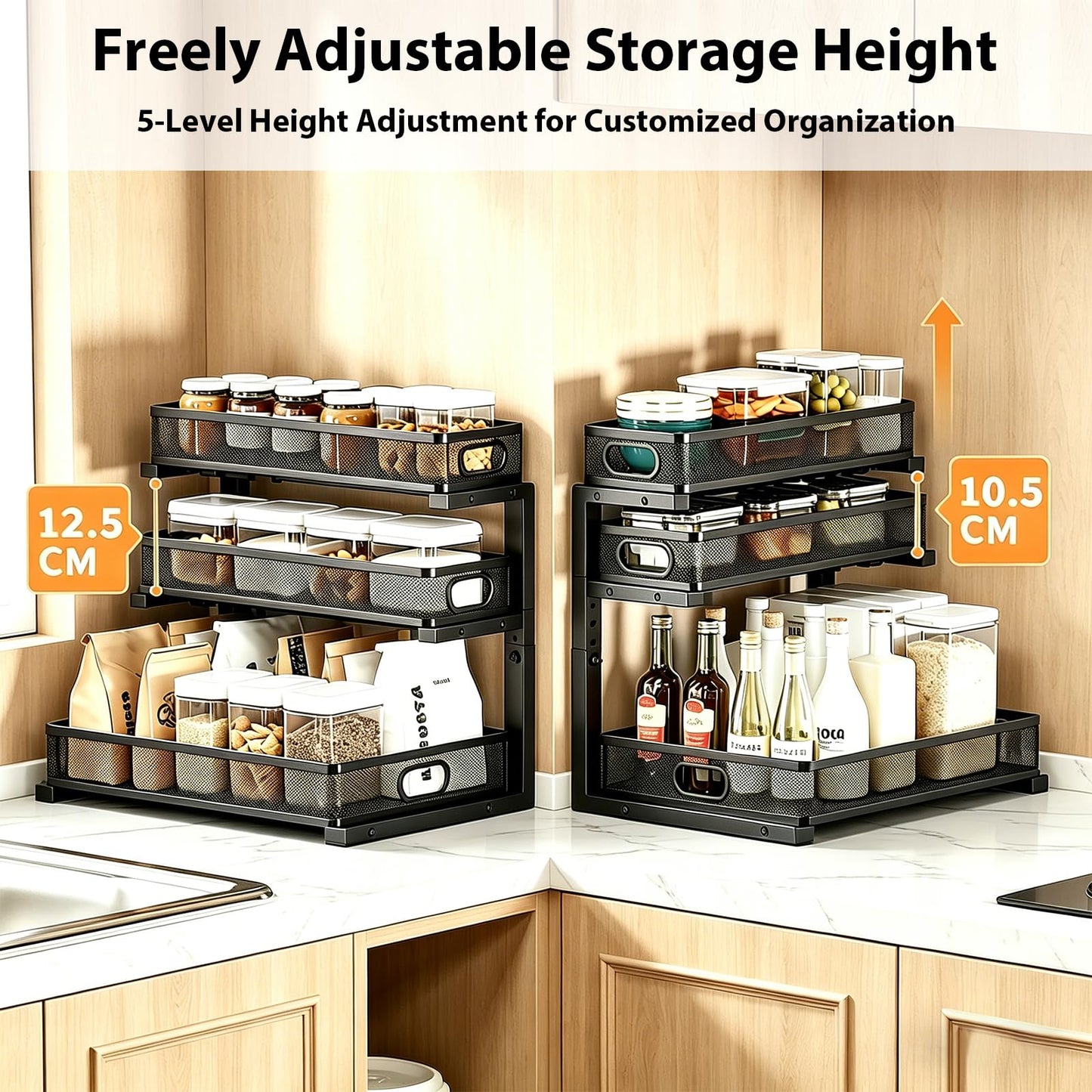 2 Pack Under Sink Organizer, 3-Tier Pull Out Kitchen Cabinet Organizer, Height Adjustable Metal Slide Out Bathroom Storage Makeup Drawer Rack for Bedroom Office Laundry Pantry Home Organization, Black
