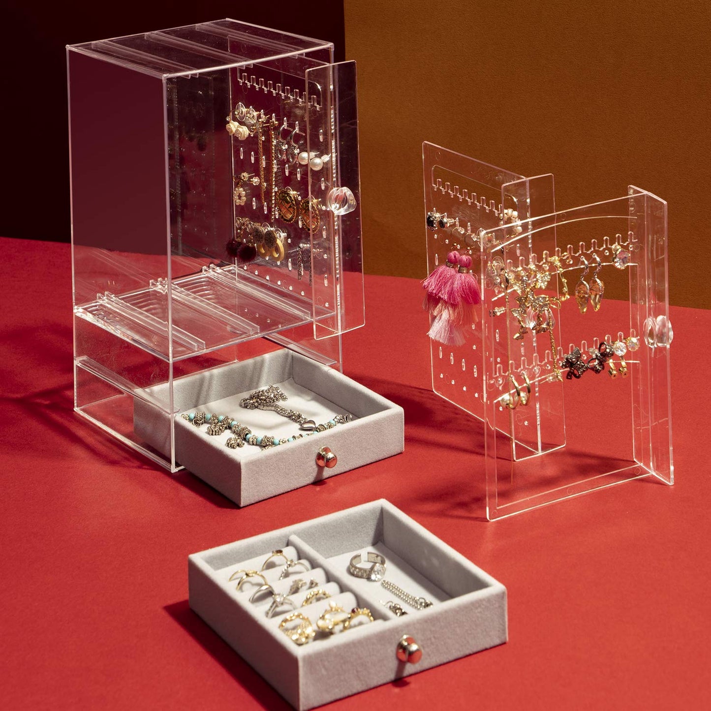 DOZZZ Acrylic Jewelry Organizer Box with 5 Drawers for Women, Clear Earring Holder Storage Display Stand Rack for Rings Necklace Bracelet