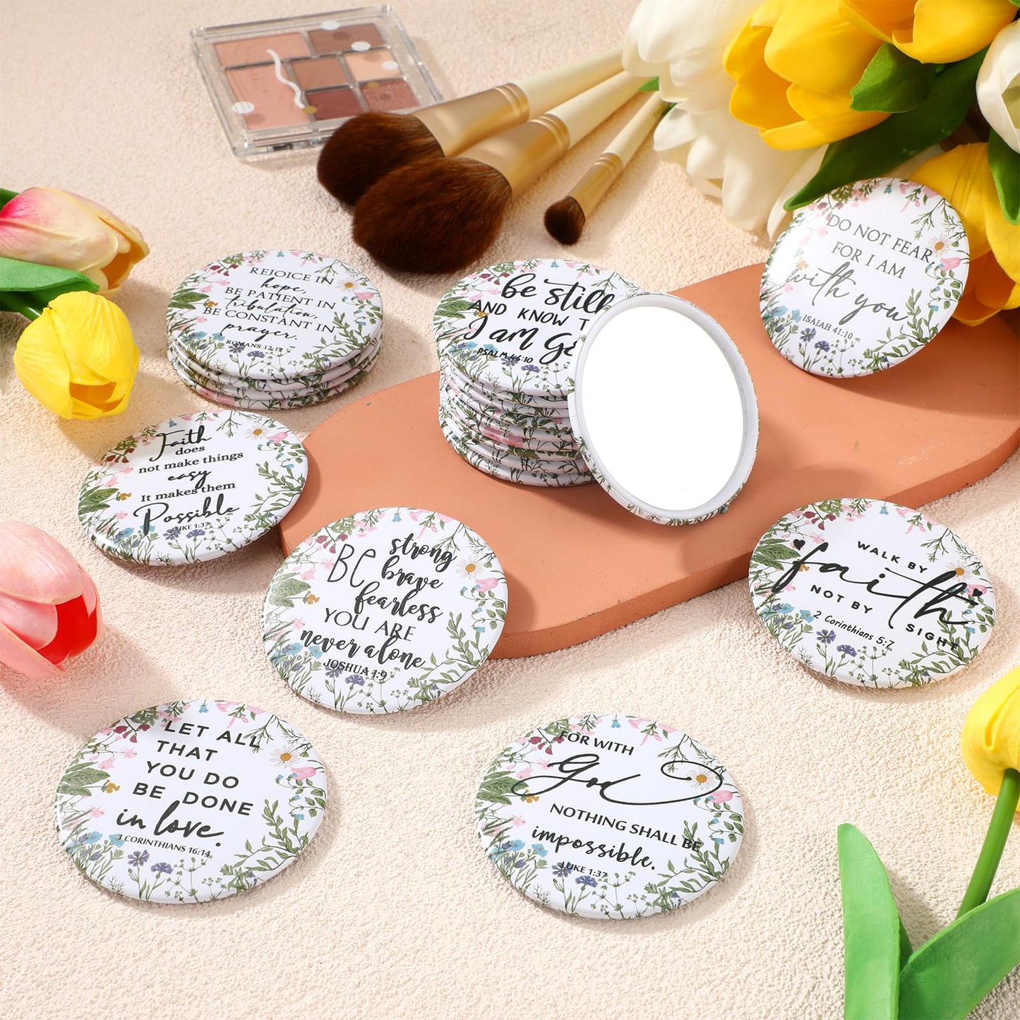 GlikCeil 40 Pcs Christian Compact Mirrors Bulk for Women Wildflower Inspirational Bible Verse Pocket Mini Purse Mirrors Christian Church Gift for Women VBS Church Party Favors