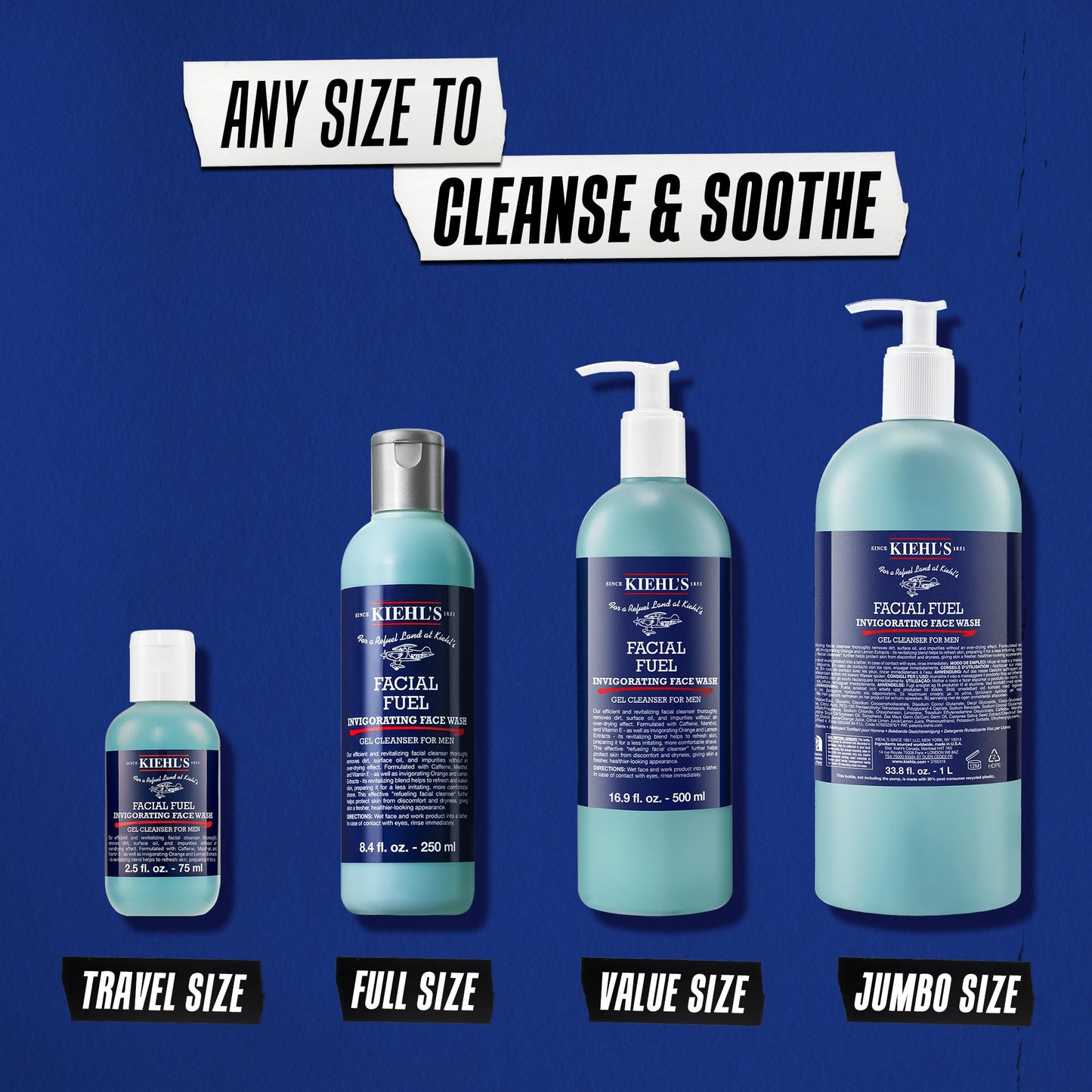 Kiehl's Facial Fuel Face Wash, Refreshing + Invigorating Men's Gel Cleanser, with Caffeine, Vitamin E and Menthol, Non-Drying Formula Moisturizes Skin, Great for Clogged Pores - 8.4 fl oz