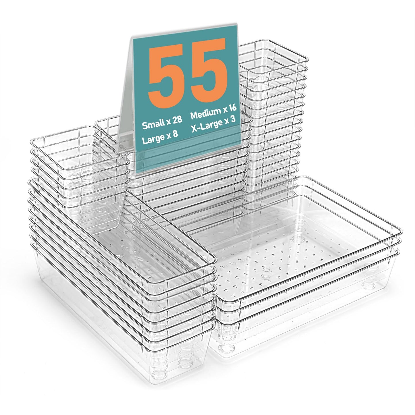 VEXTHYX 55Pcs Clear Plastic Drawer Organizers Set, 4size makeup drawer organizer trays for vanity,desk,bathroom,office,nightstand,gadgets for kitchen drawer, Versatile drawer divider storage bins