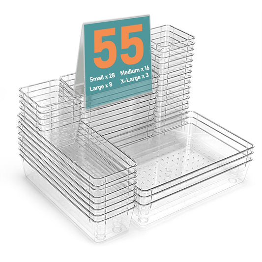 VEXTHYX 55Pcs Clear Plastic Drawer Organizers Set, 4size makeup drawer organizer trays for vanity,desk,bathroom,office,nightstand,gadgets for kitchen drawer, Versatile drawer divider storage bins