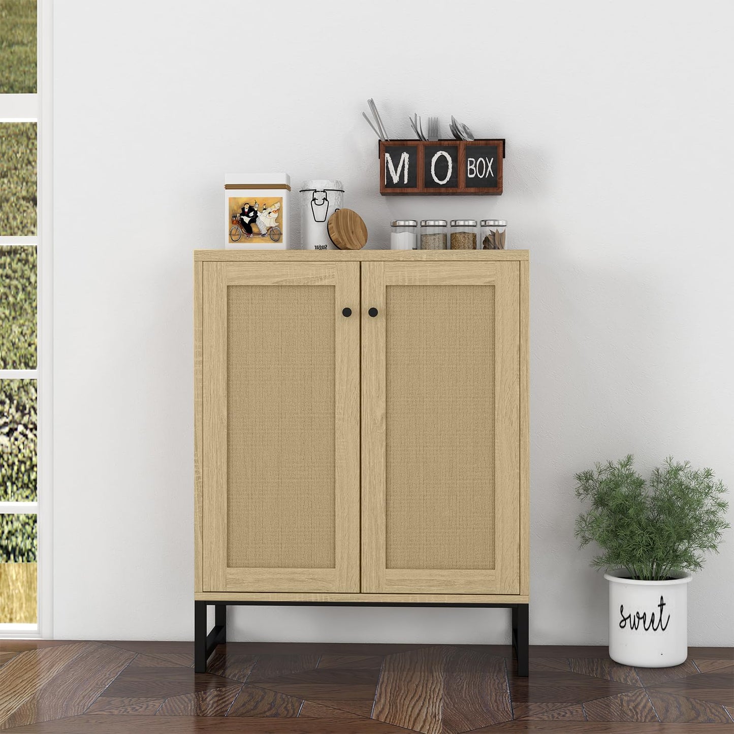 Panana Rattan Decorated 2 Doors Storage Cabinet Accent Cabinet Living Room Cupboard Kitchen Sideboard Buffet Table (Natural)
