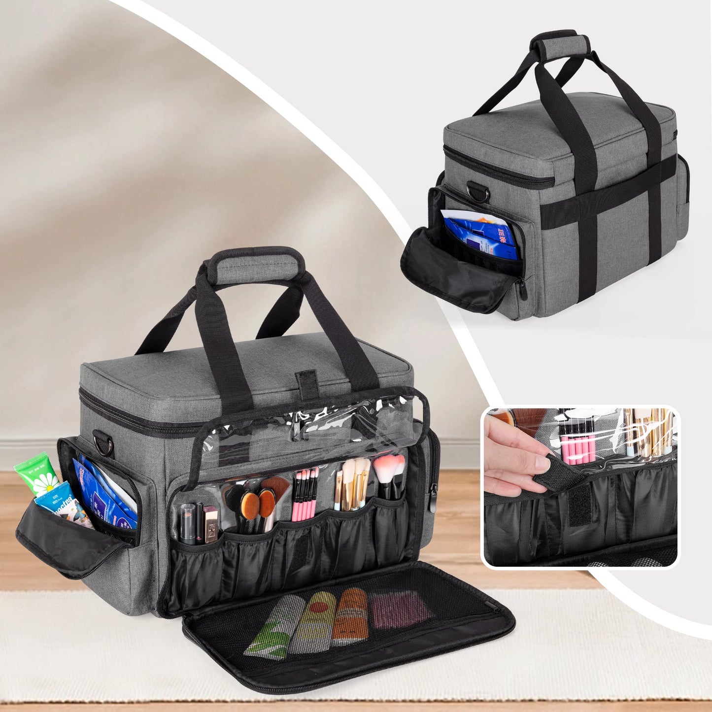 BAFASO Large Makeup Bag with 2 Removable Pouches and Detachable Dividers, Multifunctional Toiletry Bag Cosmetic Bag to Keep Makeup and Hair Supplies (Patent Pending), Gray
