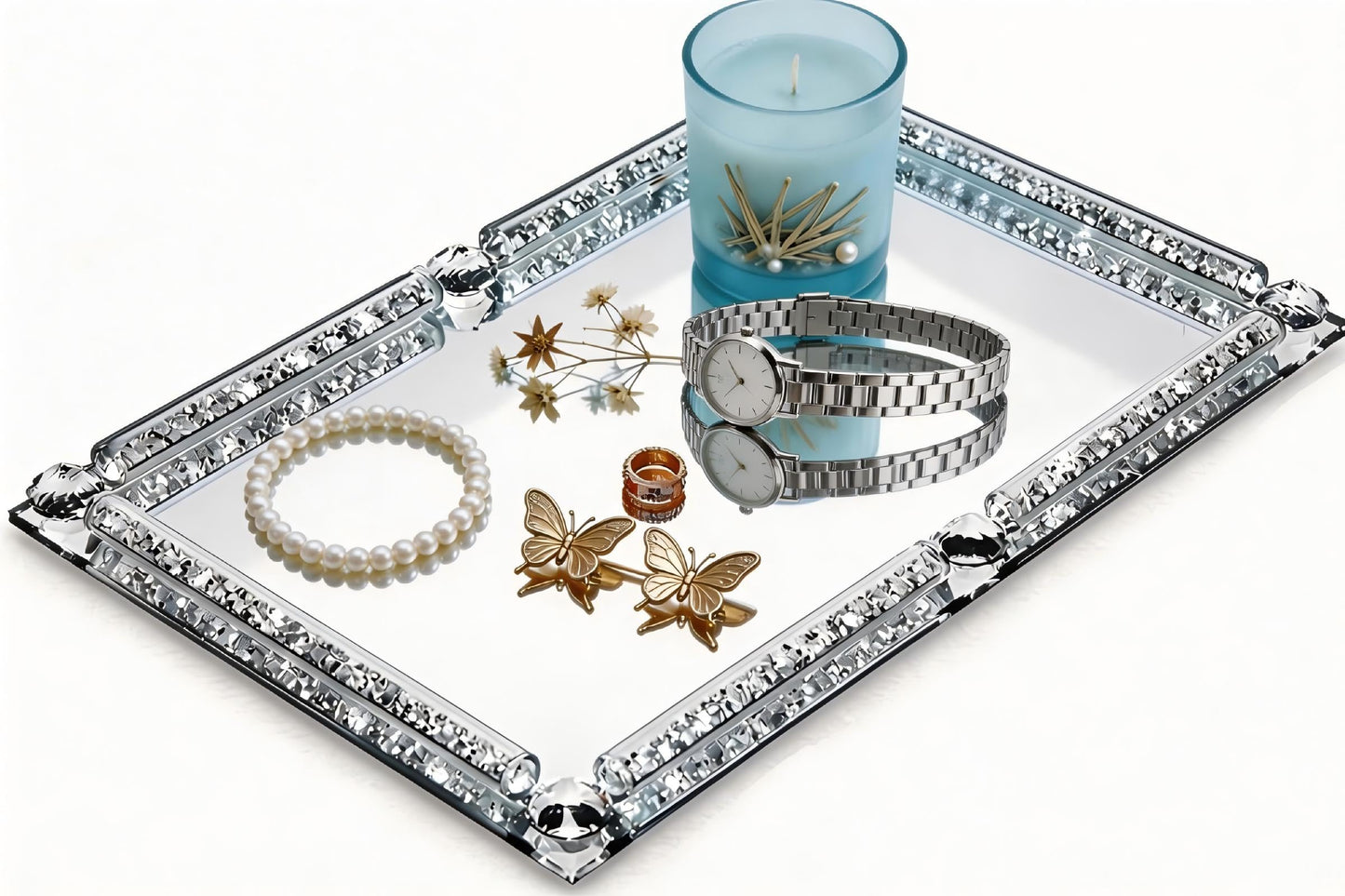 3-in-1 Perfume Crystal Mirror Tray, Luxurious Crushed Diamond Silver Decorative Tray, Non-Slip Desktop Storage Tray, Suitable for Storing Jewelry, Perfumes, and Cosmetics