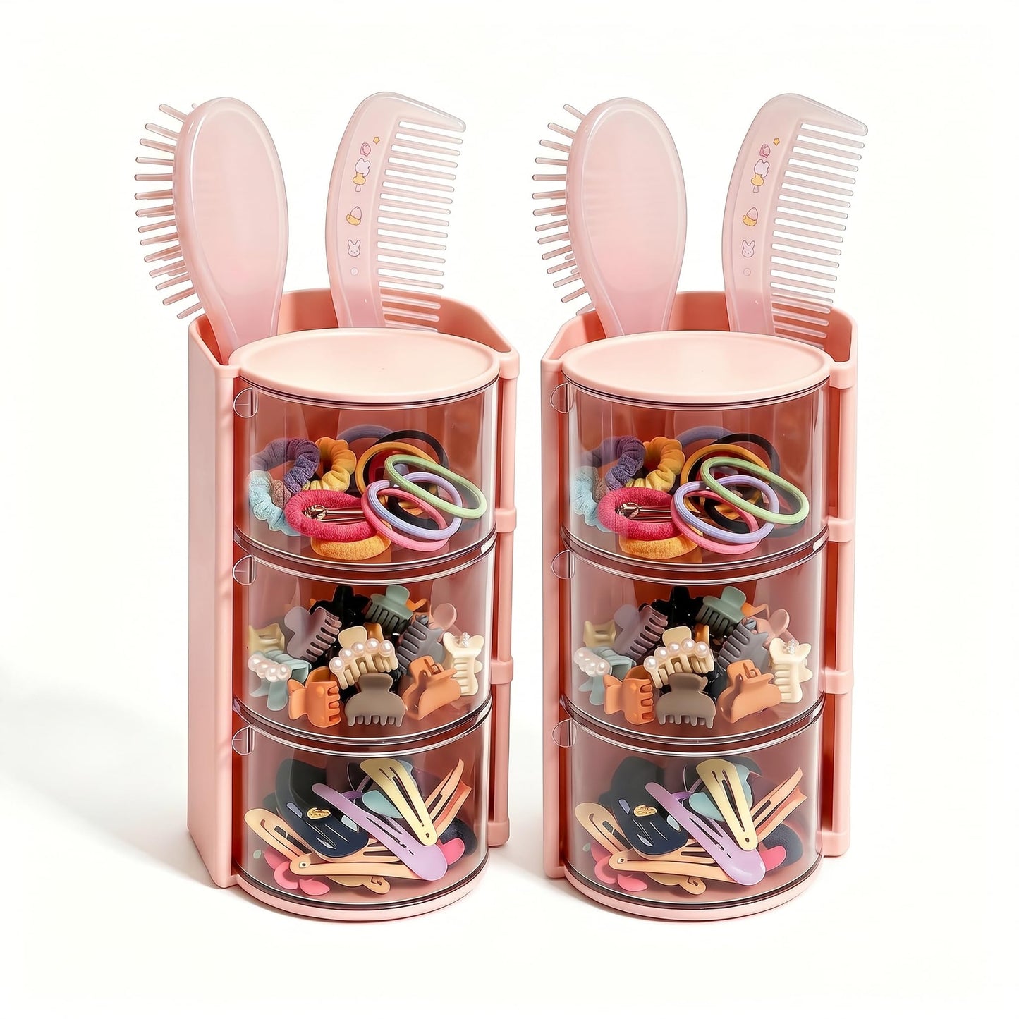 SPOKKI 2 Pcs Hair Accessories Organizer with Hair Brush Holder, 3-Tier Rotating Makeup Brush Organizer, Hair Tie Hair Clip Organizer, Jewelry Hair Storage Organizer for Girls, Pink