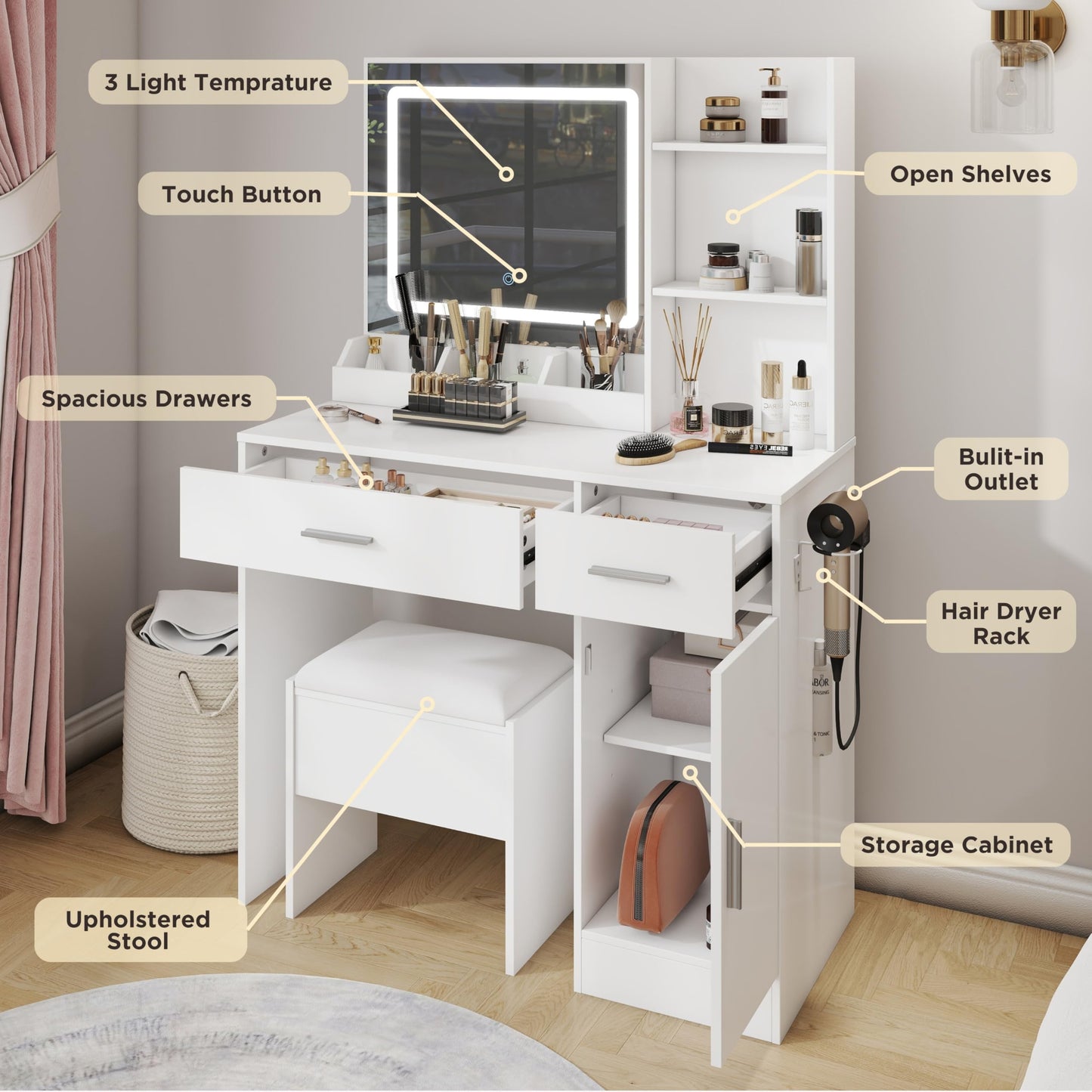 Roundhill Furniture Lavin Makeup Vanity Set, Vanity Desk with Stool, LED Light Mirror and Charging Station, White