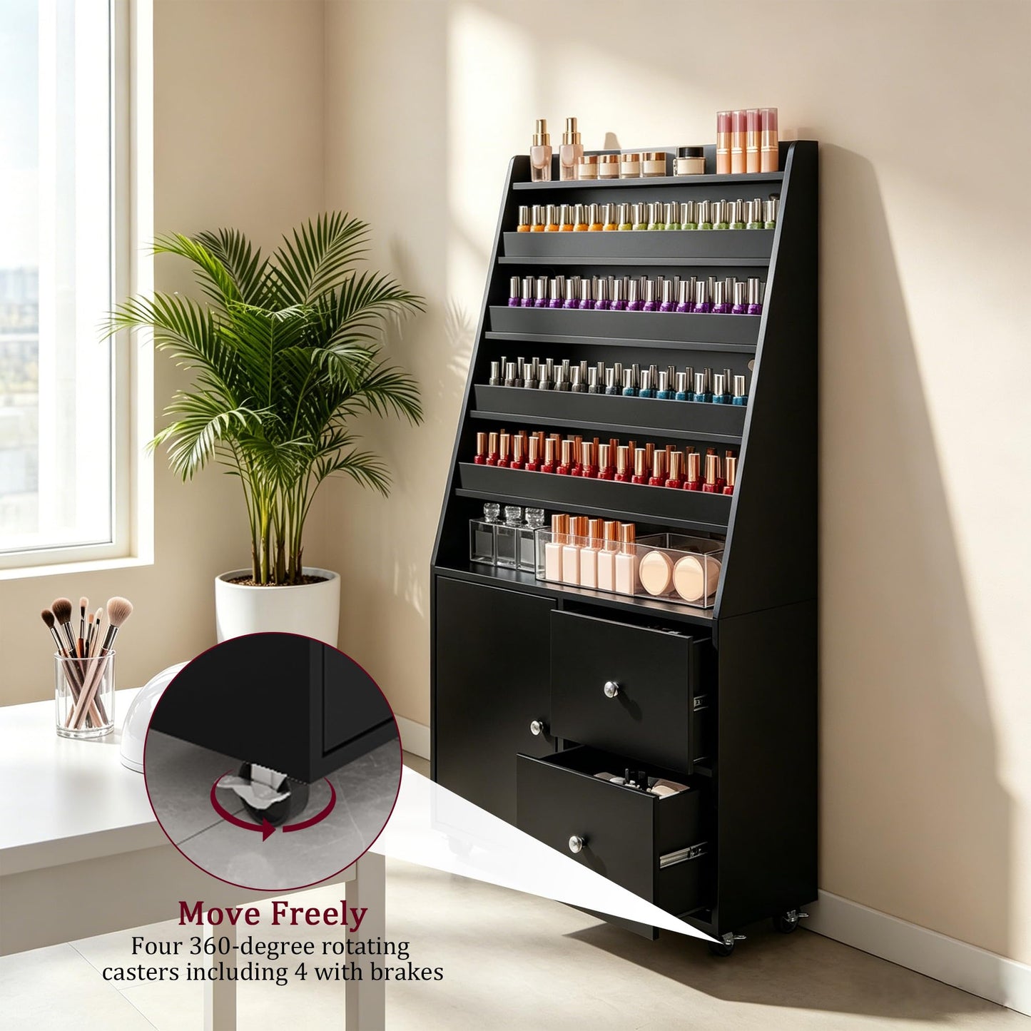 WLLPNG Nail Polish Shelves with LED Light, Rolling Nail Polish Cabinet Organizer Display Stand with Cabinet & 2 Drawers, Large Capacity Nail Storage Rack for Salon Home