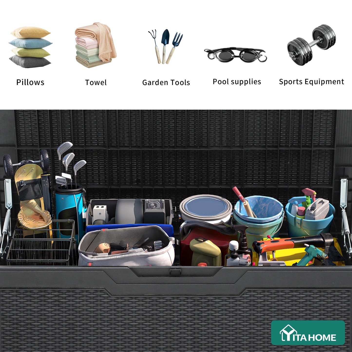 YITAHOME 100 Gallon Outdoor Storage Box, Large Water Resistant Resin Deck Box, Indoor Outdoor Lockable Storage Container for Patio, Garden, Cushions, Tools, Equipment (Black)