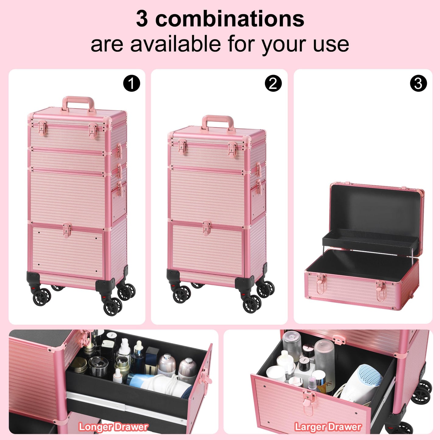 Somduy Makeup Train Case with Drawer, Rolling Makeup Case, Cosmetology Case on Wheels, Gift, Travel Makeup Organizers, Profesional Cosmetic Case for Salon Barber,Nail,Tattoo, Pink