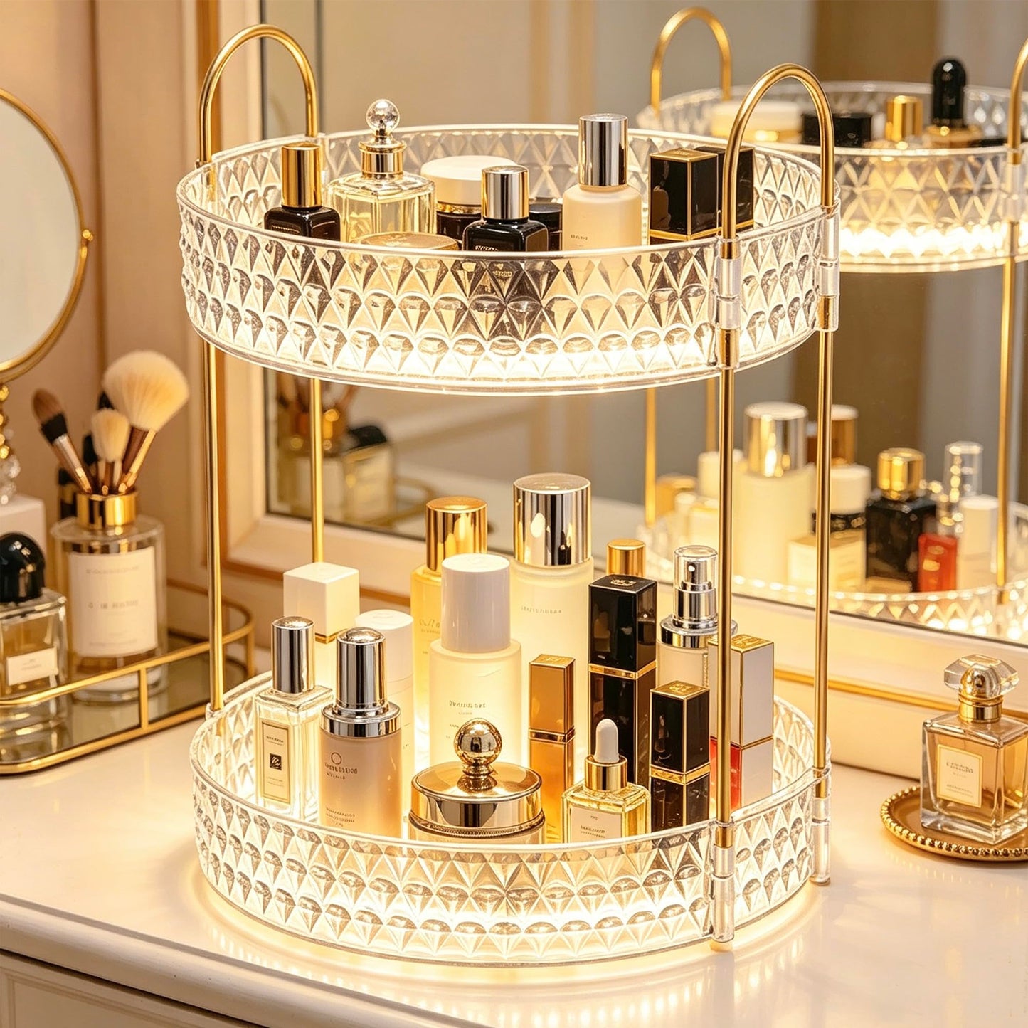 GROZOSS 360° Rotating Makeup Organizer, 2-Tier Large Capacity Cosmetic Storage Rack for Bathroom Countertop & Vanity, Clear Acrylic Holder for Skincare, Perfume & Beauty Essentials