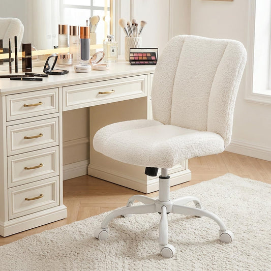 KRAMZMING Vanity Chair with Wheels, Armless Office Chair Height Adjustable, Cute Desk Chair with Soft Lumbar Support for Small Space, Bedroom, Make-up Room, White