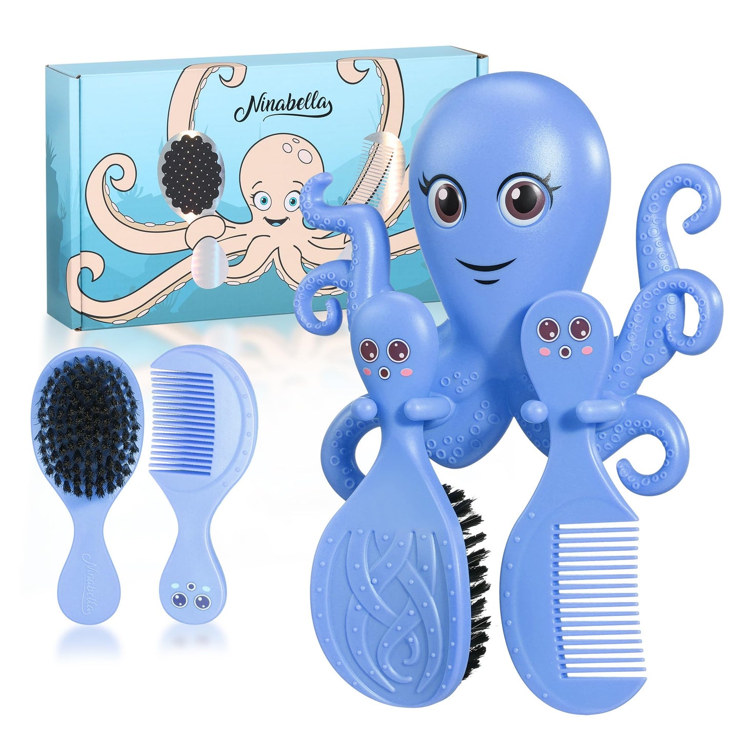 Ninabella Octo Baby Hair Brush with Comb for Newborn - Cradle Cap - No Drill Wall Holder Set - Soft Fine Black Bristles - From Birth to 18 Months - Azure Blue