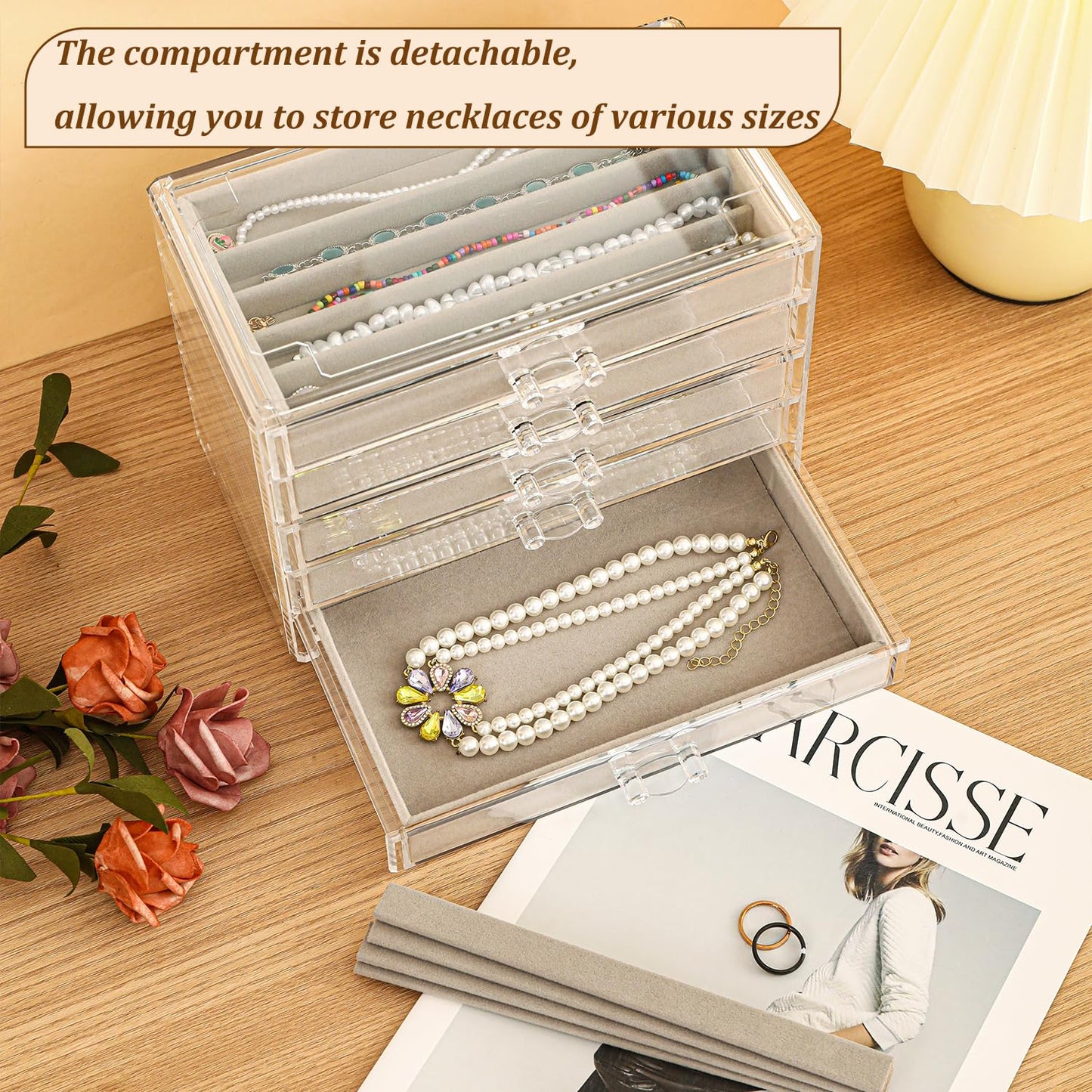 5 Drawerss Necklace Organizer Box, Tray with Clear Lid, Dustproof Velvet Necklaces Holder Storage Display Case, Gery Necklace Tray Drawer Insert for Pendant Suitable for Women and Girls (25 grids)