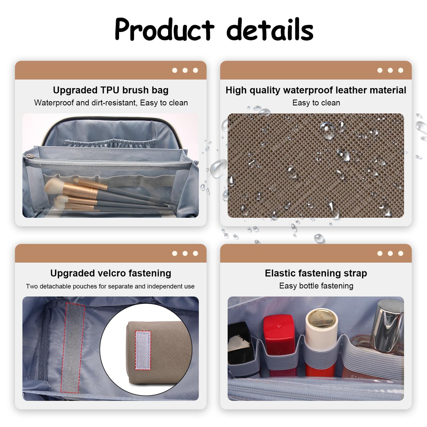 BOYATU Travel Makeup Bag Organizer Cosmetic Bag: 3 Pcs Set Make up Bags for Women with Handle - Waterproof Vegan Leather Toiletry Bags Travel Essentials Pouch with Compartments (A-02-Grey)