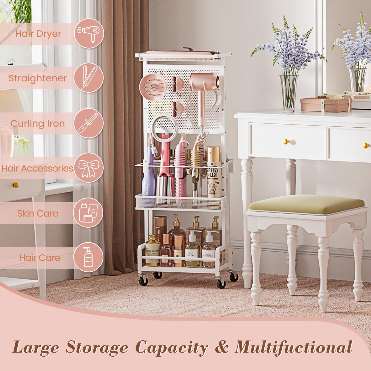 Hair Tool Organizer Cart with Hair Dryer Holder, Narrow Bathroom Storage Cart for Curling Flat Iron & Hot Tools, Slim Hair Appliance Organizer for Vanity Styling Tools, Salon Cart with Tray on Wheels