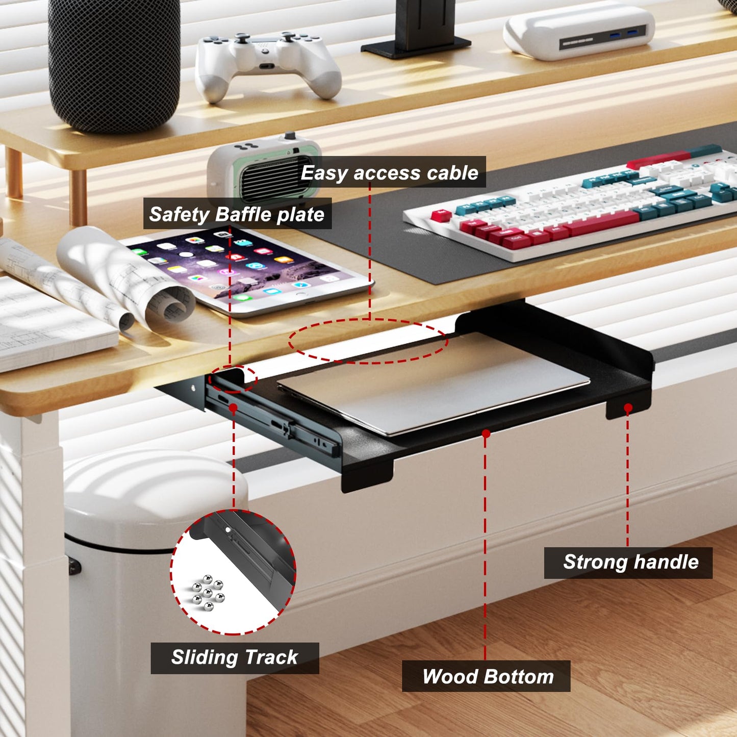 Gaxomo 20 Inch Under Desk Mounted Sliding Loptop Drawer, Desktop Extension Pull-Out Laptop Tray for Office Desk, Extra Storage Organizer for Sit Stand Workstation