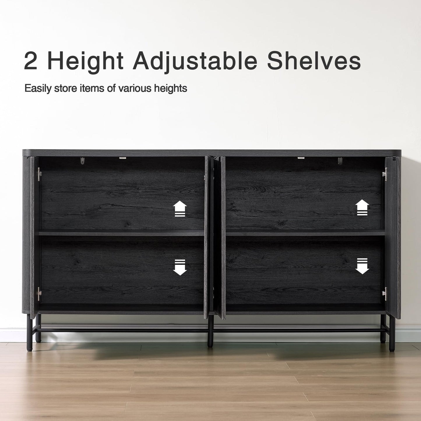Fatmok 65" Fluted Buffet Cabinet with Adjustable Shelves – Large Sideboard Storage Console, Coffee Bar & Dining Room Organizer, White Fluted Credenza for Living Room, Entryway, Kitchen, Black Grey