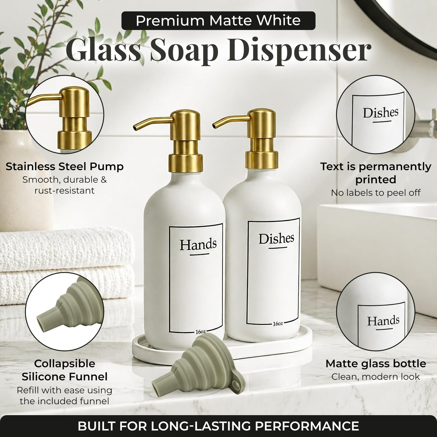 Glass Hand and Dish Soap Dispenser Set with Bamboo Tray – Kitchen Soap Dispenser Set, Gold Pumps, 16 oz, Silicone Funnel – Modern Farmhouse Kitchen Sink Decor & Accessories