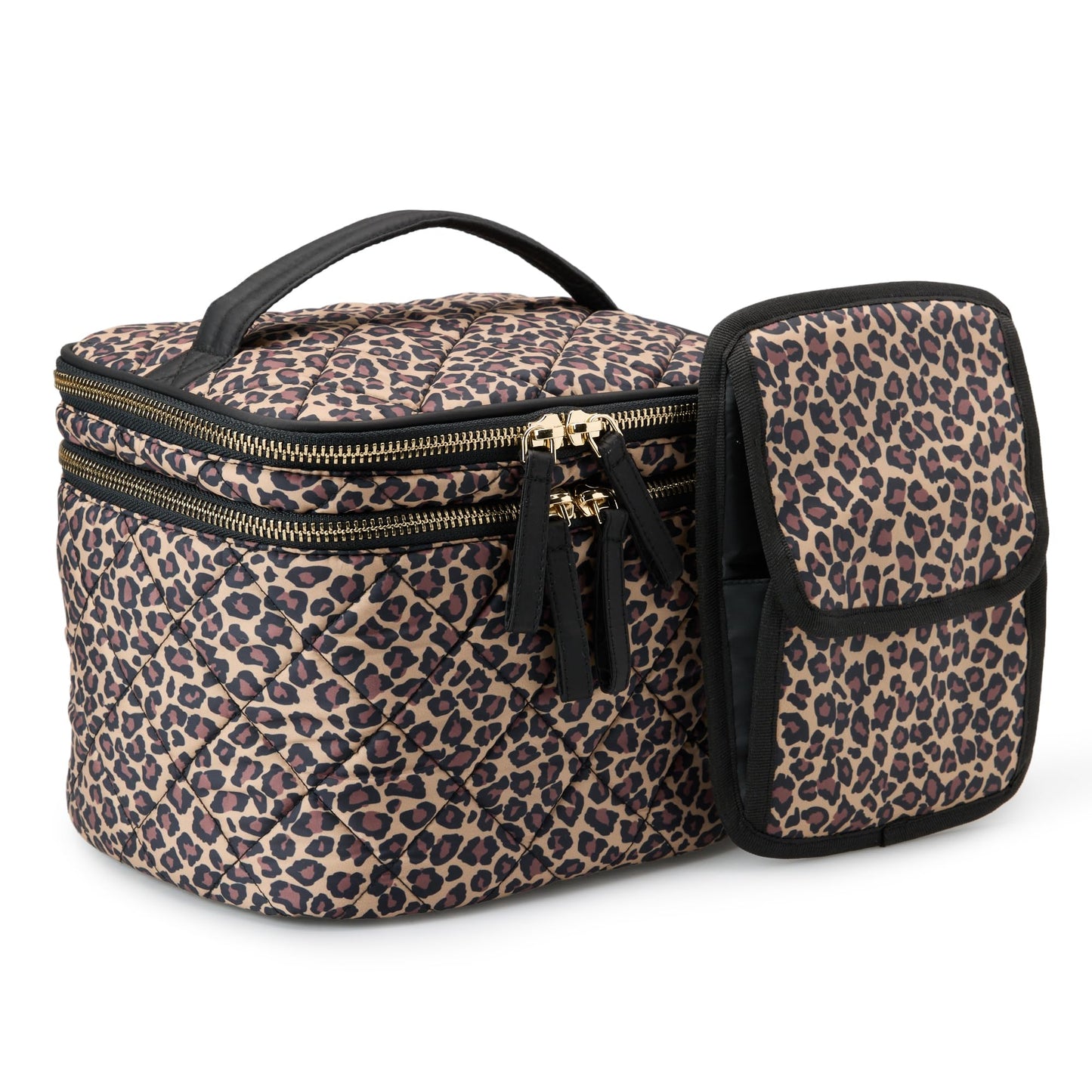 Amazon Essentials Women's Quilted Makeup Bag with Brush Storage, Leopard, One Size