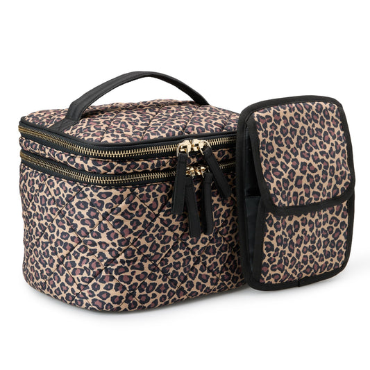 Amazon Essentials Women's Quilted Makeup Bag with Brush Storage, Leopard, One Size