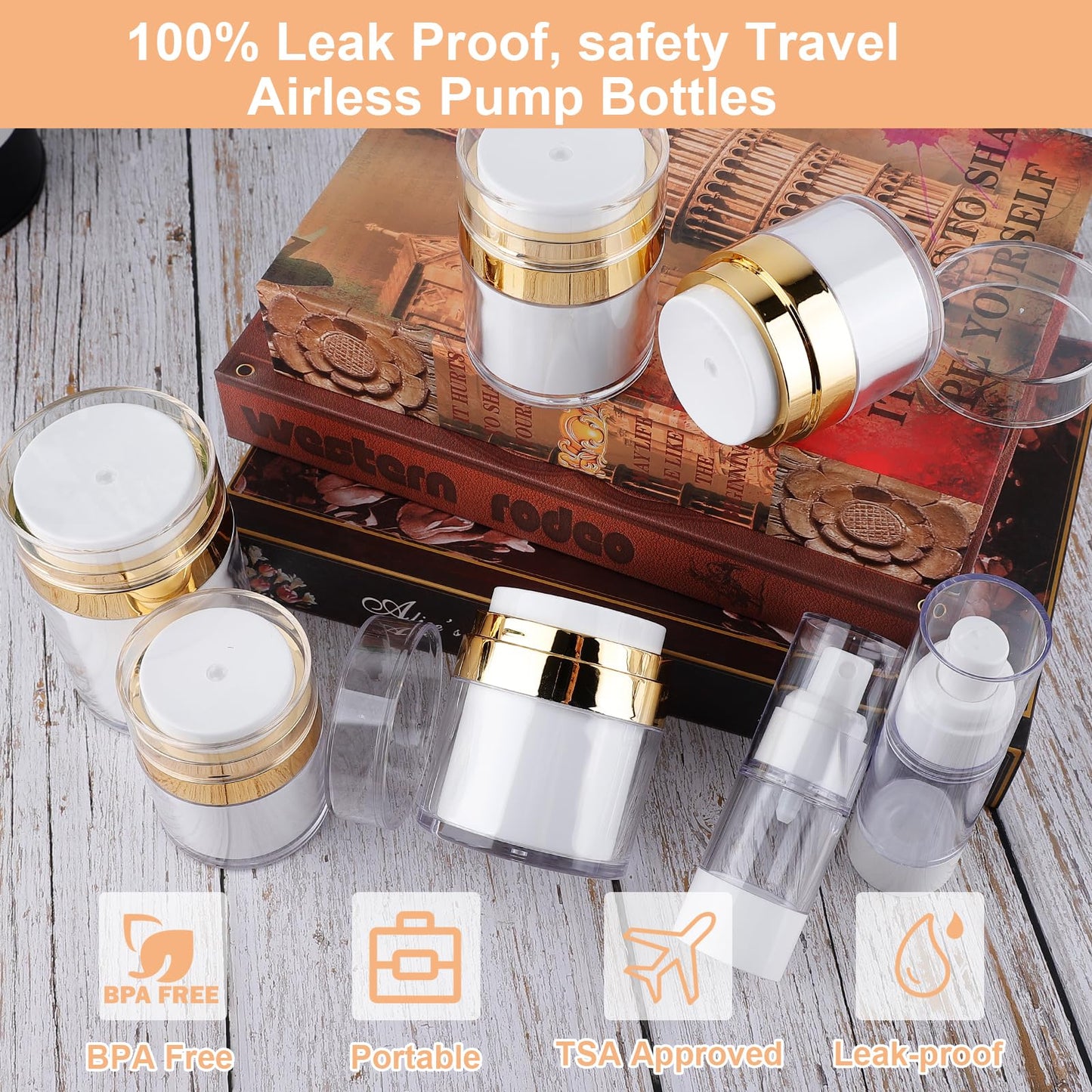 KOUWICH 20 Pack Airless Pump Jars Set, 3.34/1.7/1/0.5/oz Refillable Travel Size Containers, Gold Travel Bottles Empty Lotion Container, Glass Jars for Toiletries Moisturizer Container