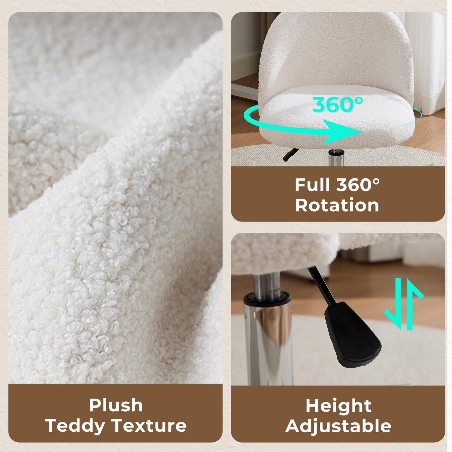 Forfutra Home Office Chair with Quiet Wheels - Armless Vanity Chair Vanity Stool, 360 Swivel Height Adjustable White