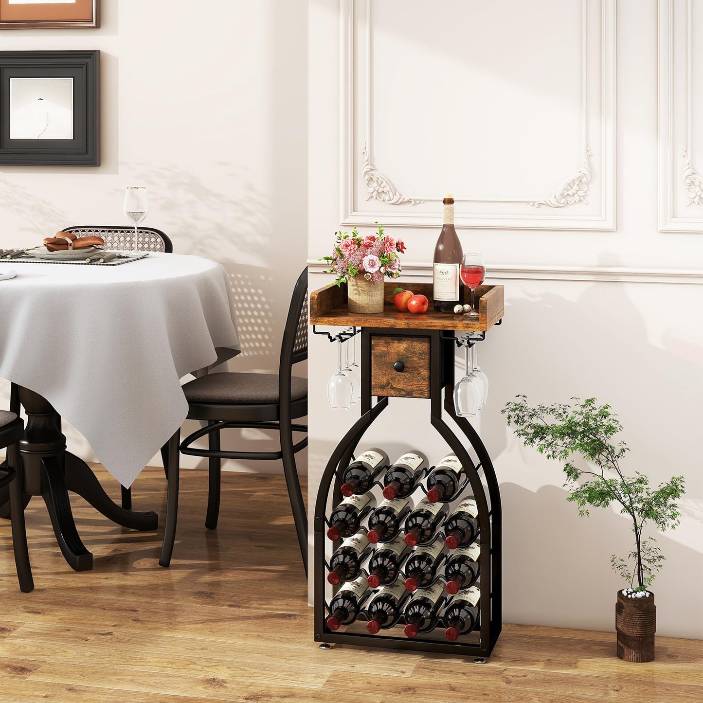 IBUYKE Wine Rack Freestanding Floor,Wine Storage 15 Bottles Bottle Rack with Glass Holders, Mini Bar Wine Cabinet with Storage Drawer for Home Bar Kitchen Dining Room,Rustic Brown,UTMJ908H